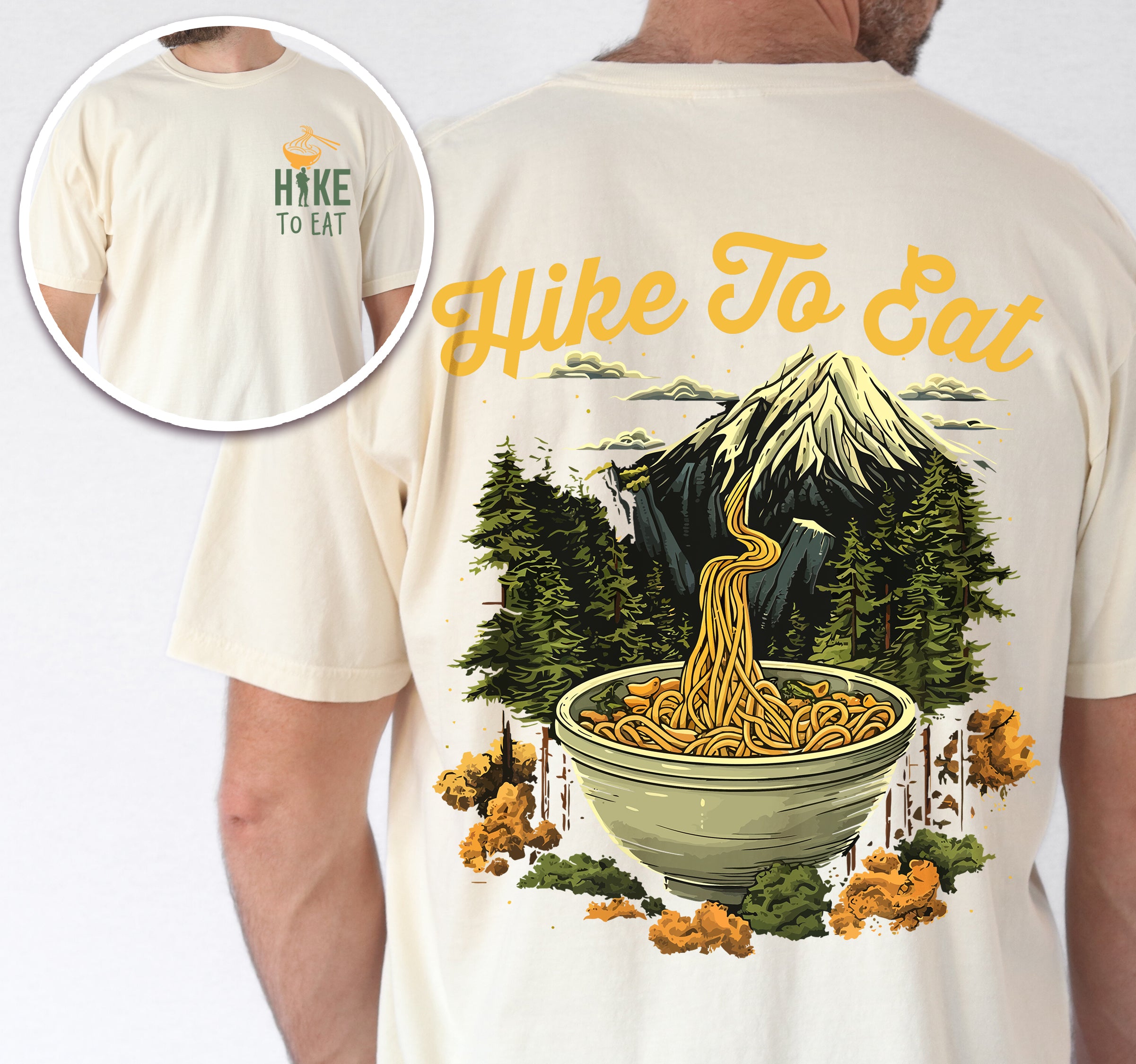 Ivory (Cream White) colored Hike to Eat t-shirt front and back view showing small colorful chest logo and large back design featuring ramen noodle bowl with mountain landscape background and pine trees.