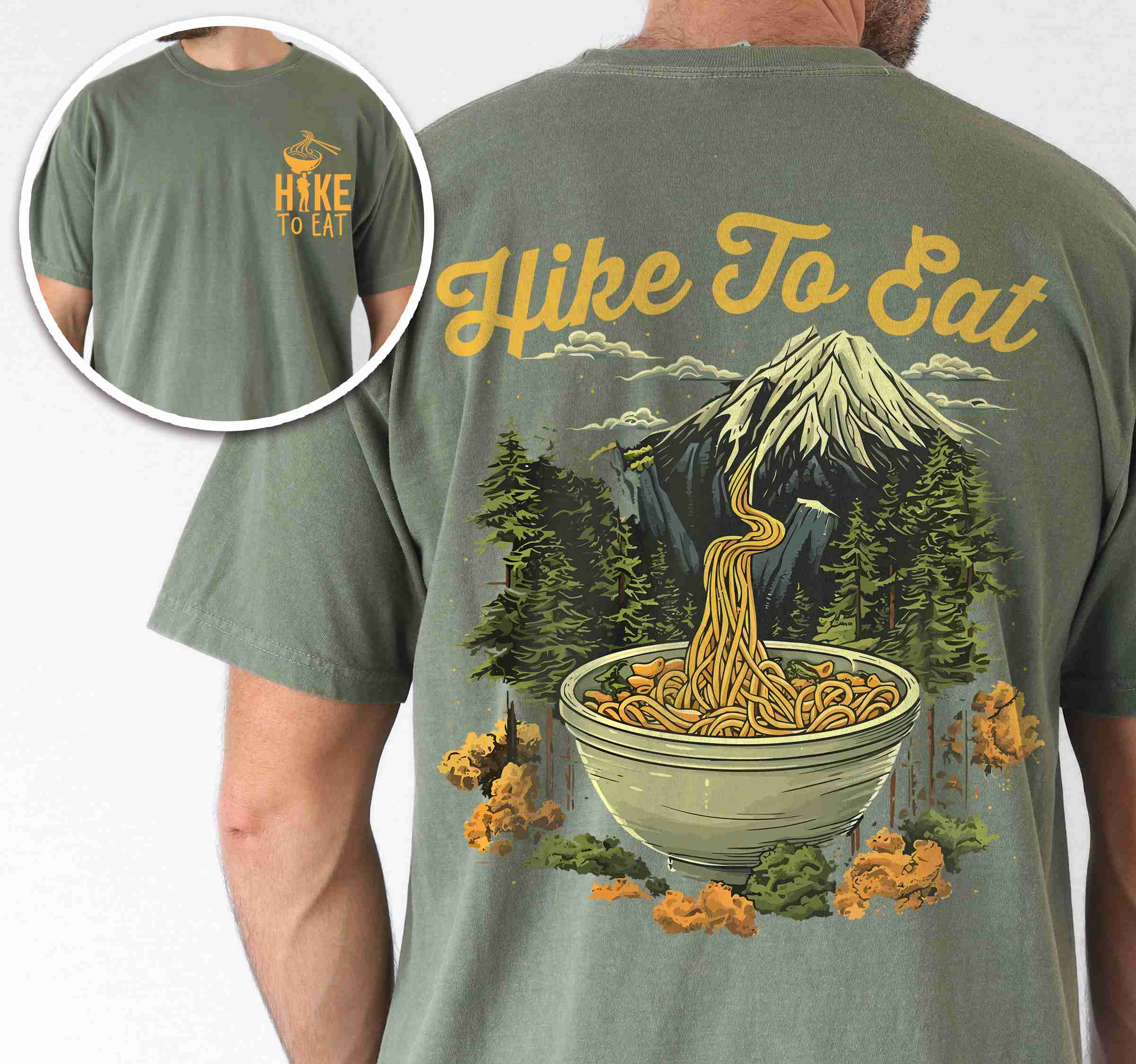 Man wearing moss "Hike to Eat" text in cream lettering, mountains, birds, illustrated bowl of ramen noodles, and backpacker for ramen lovers.