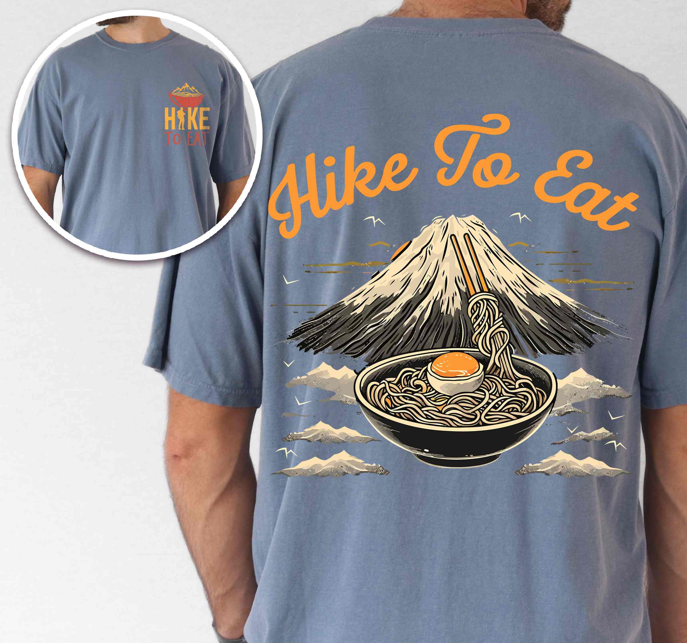 Man wearing blue jean "Hike to Eat" text in bold lettering front and back design, mountains, birds, illustrated bowl of ramen noodles, and backpacker for ramen lovers.