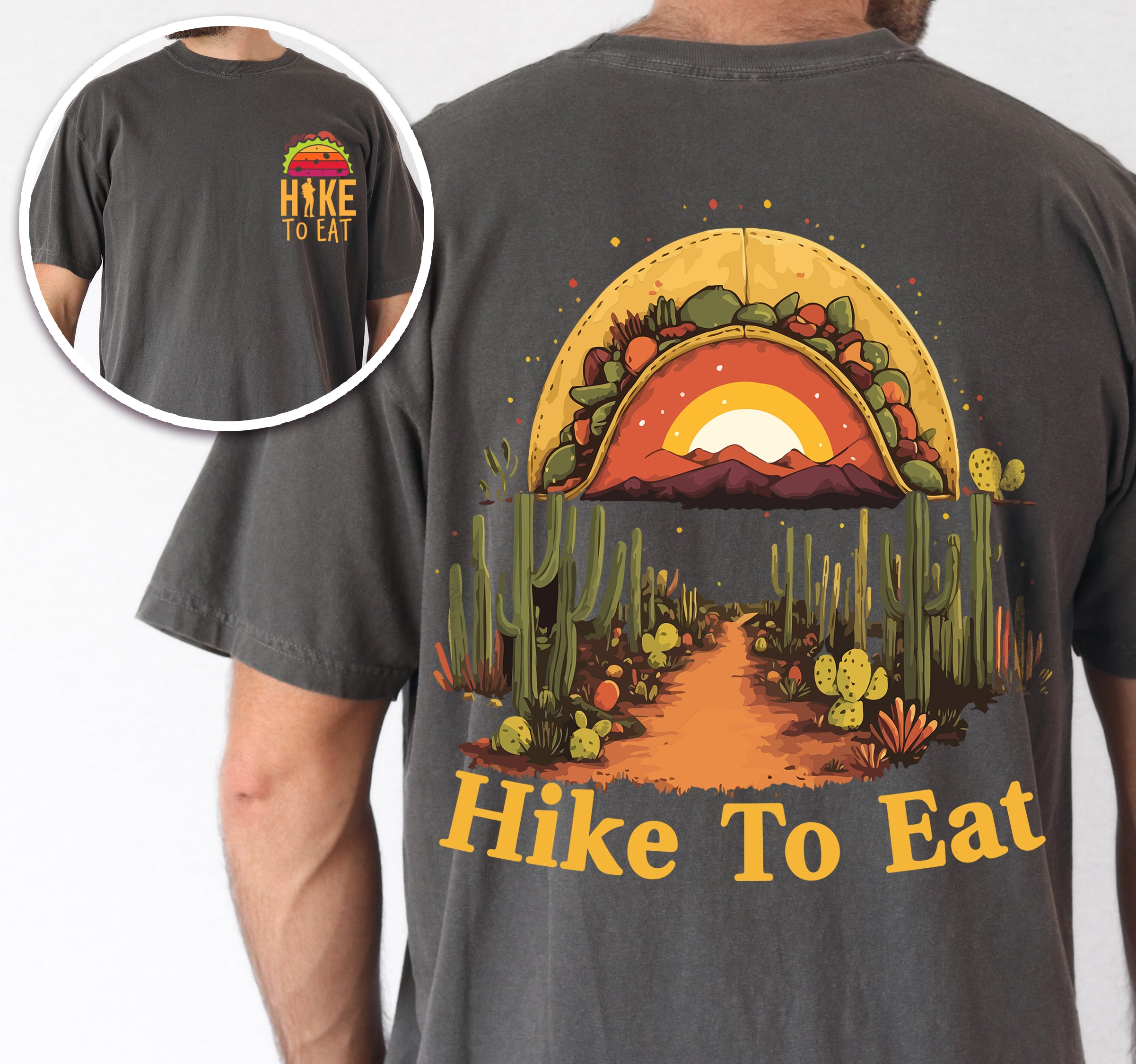 Pepper (Dark Gray) Hike to Eat t-shirt front and back view showing small taco above chest logo and large back design featuring taco-shaped sunset over desert landscape with cacti, hiking trail, and starry night sky.