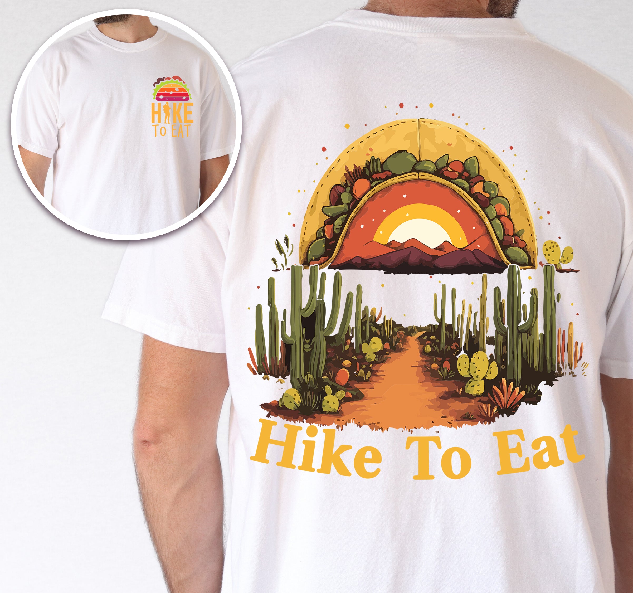 White Hike to Eat t-shirt front and back view showing small taco above chest logo and large back design featuring taco-shaped sunset over desert landscape with cacti, hiking trail, and starry night sky.