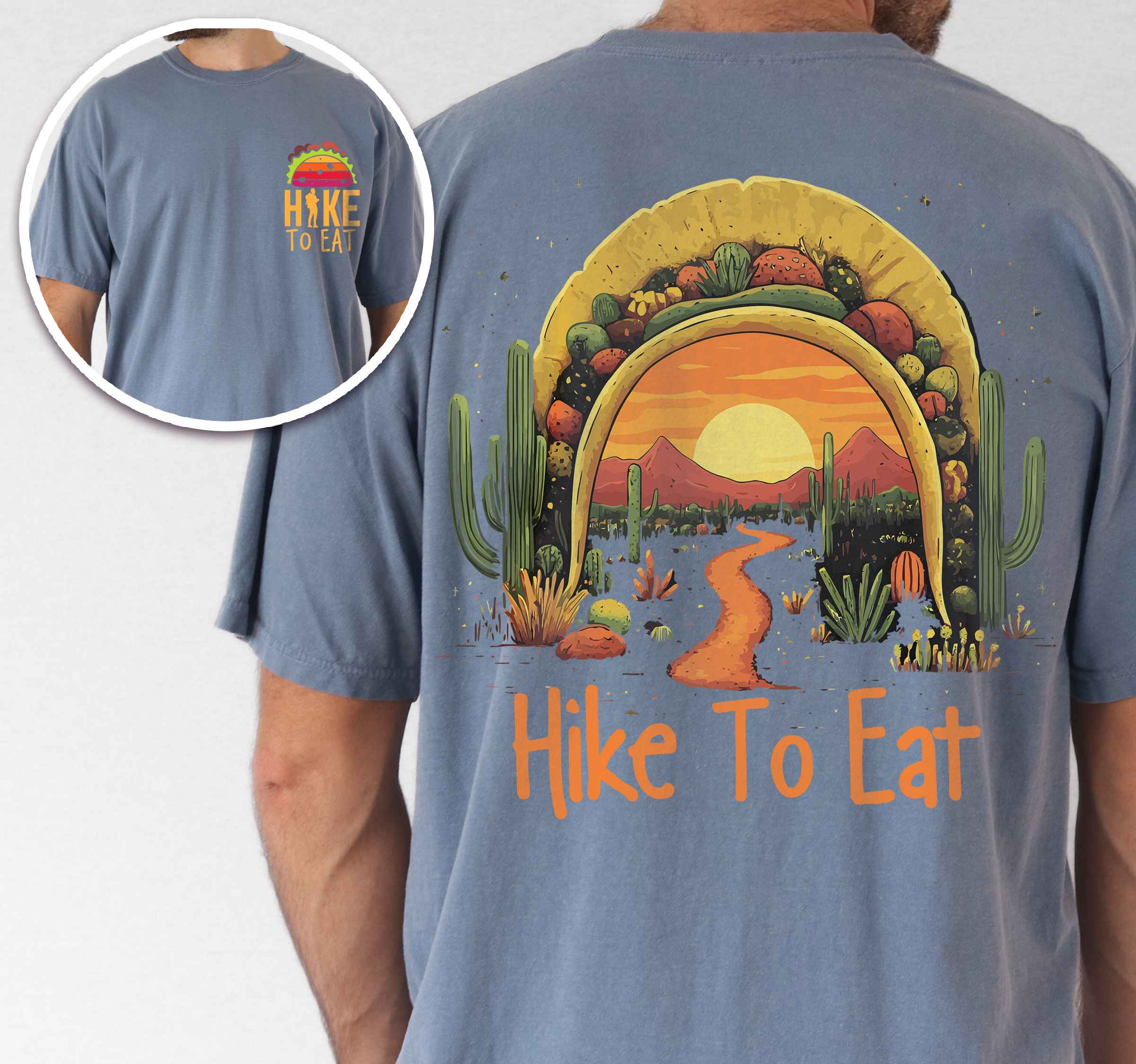 Man wearing blue jean "Hike to Eat" text in bold lettering front and back design, mountains, birds, illustrated sunset taco, and backpacker for taco lovers.