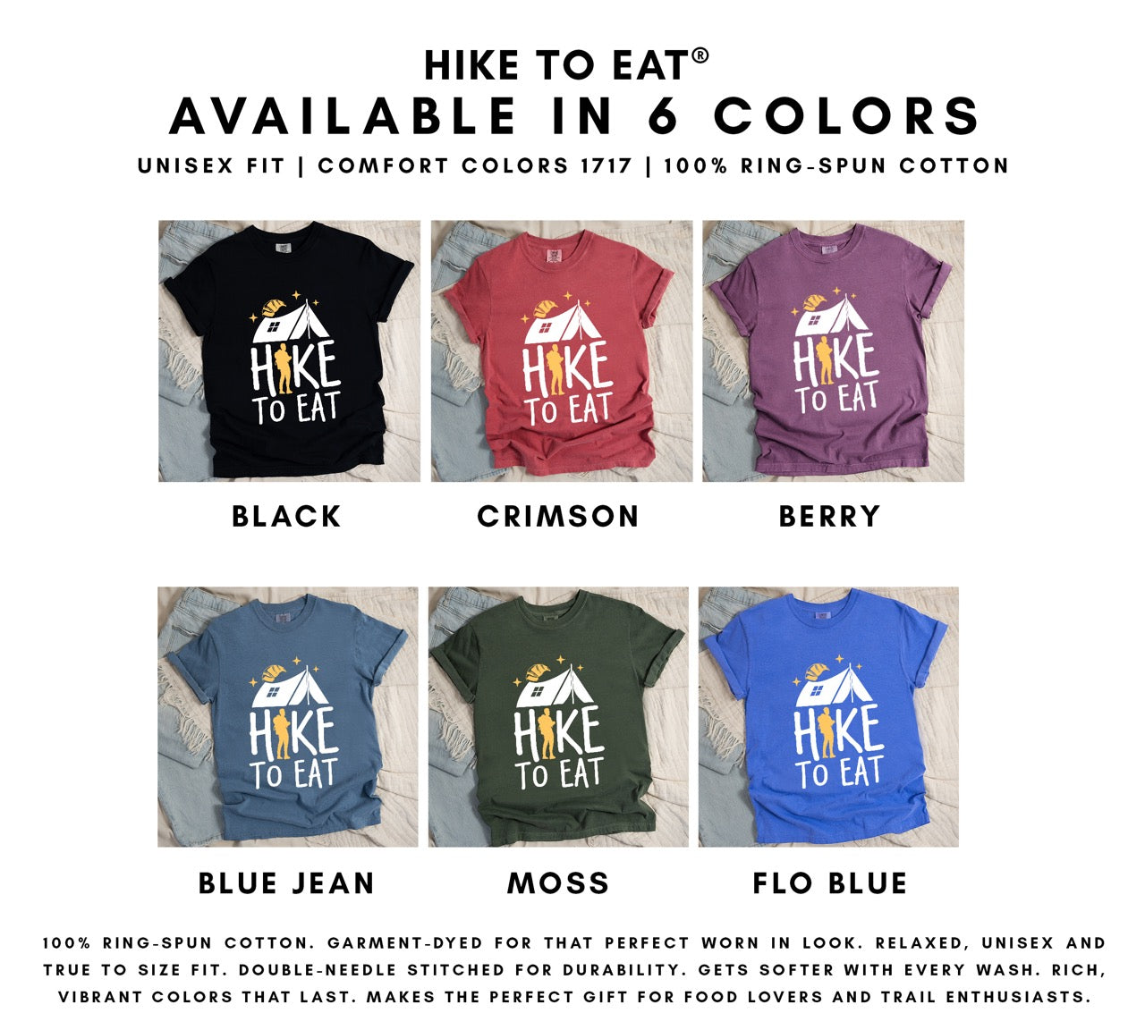 Hike to Eat brand philosophy vintage tee with white camping tent croissant moon stars character silhouette with backpack integrated into typography on Comfort Colors shirt for food motivated adventurers, outdoor enthusiasts and hikers available in 6 colors. 