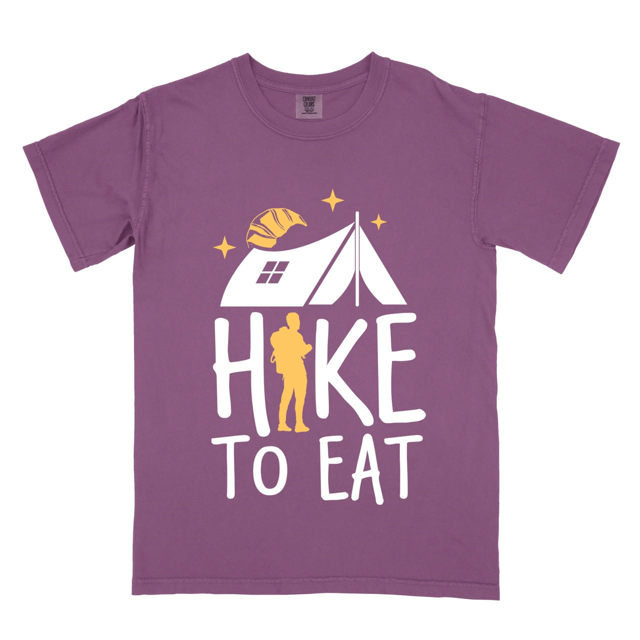 Berry Hike to Eat brand philosophy vintage tee with white camping tent croissant moon stars character silhouette with backpack integrated into typography on Comfort Colors shirt for food motivated adventurers, outdoor enthusiasts and hikers