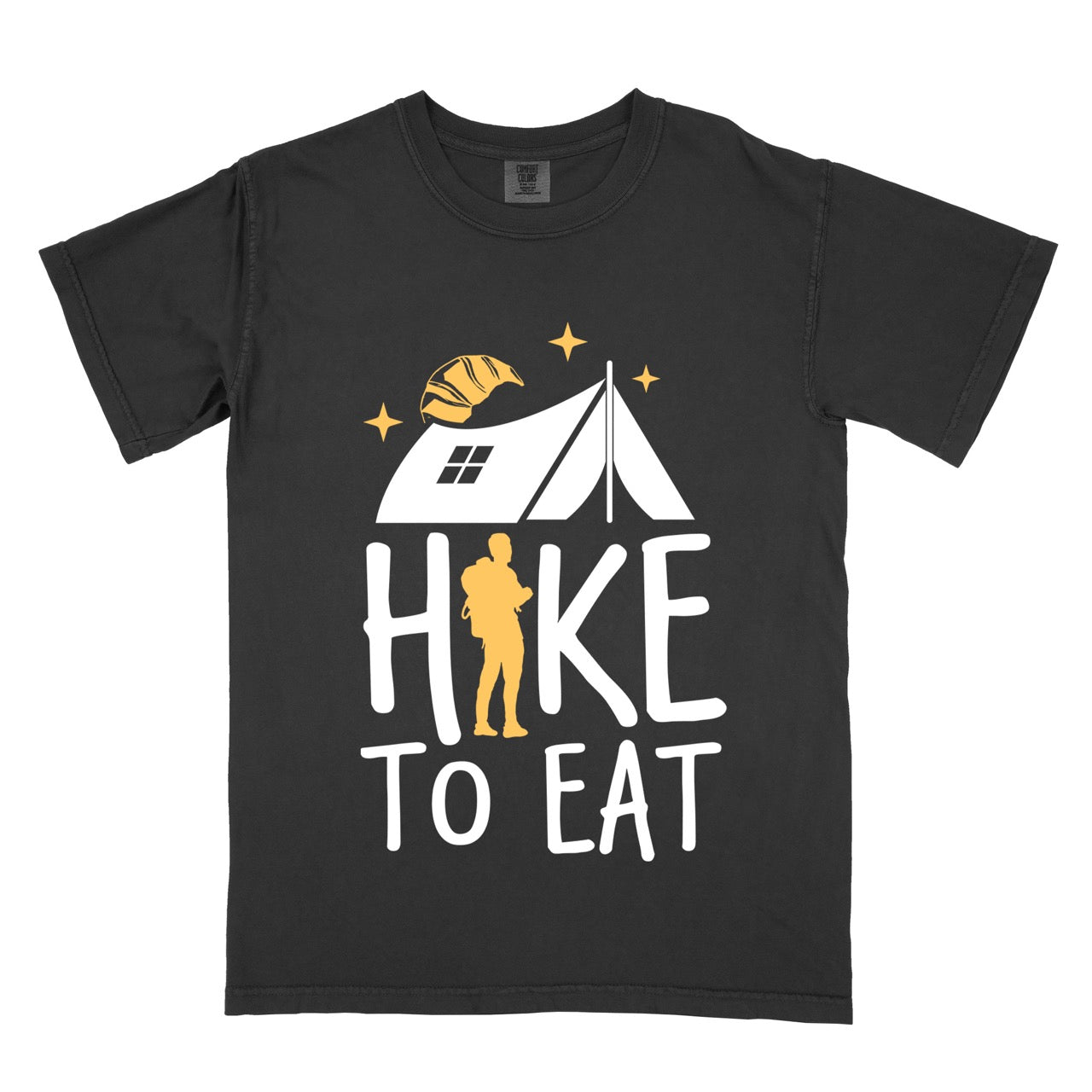 Black Hike to Eat brand philosophy vintage tee with white camping tent croissant moon stars character silhouette with backpack integrated into typography on Comfort Colors shirt for food motivated adventurers, outdoor enthusiasts and hikers