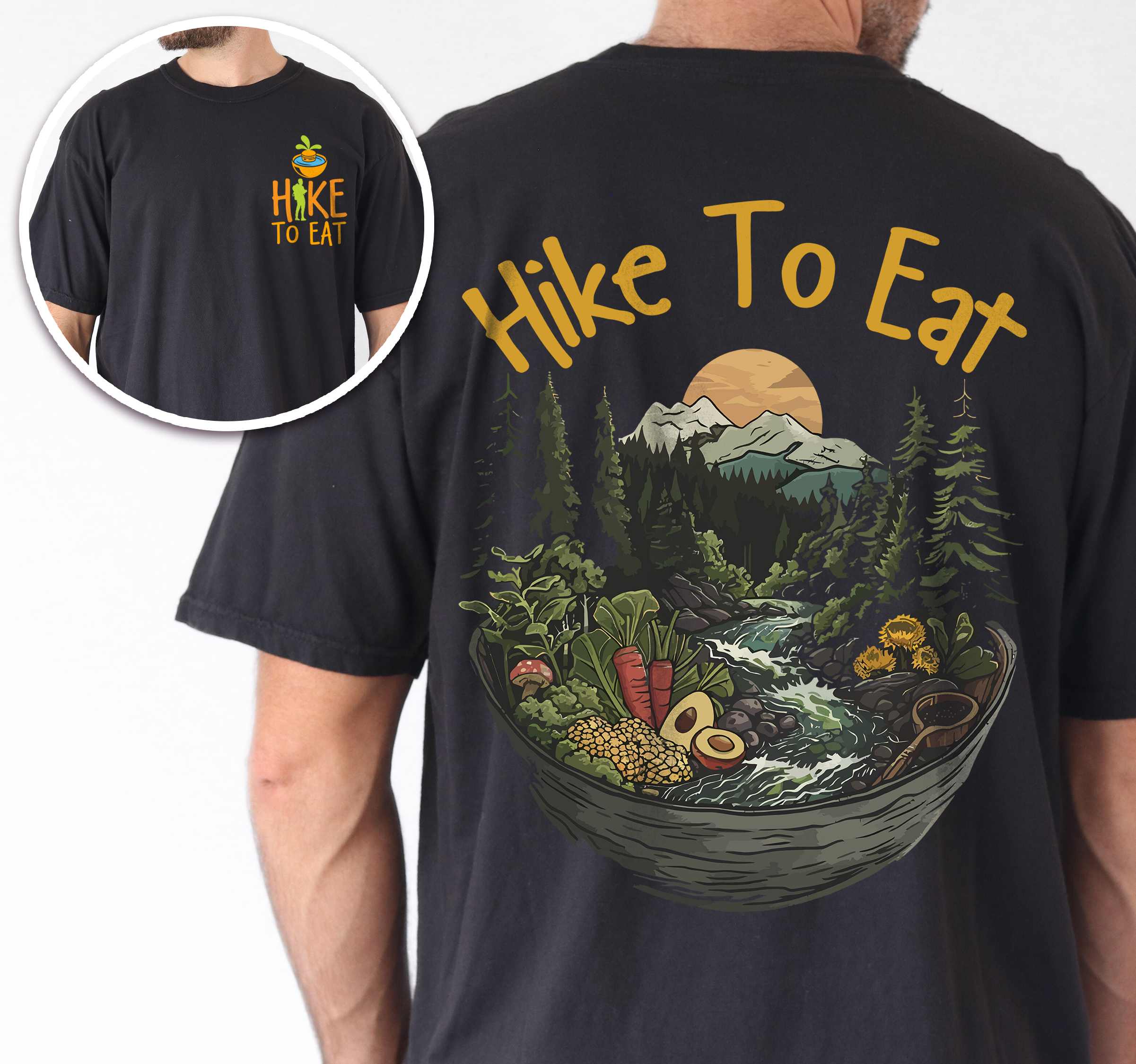 Man wearing black "Hike to Eat" text in bold lettering front and back design, mountains, birds, illustrated bowl of mixed vegetable, and backpacker for salad lovers.