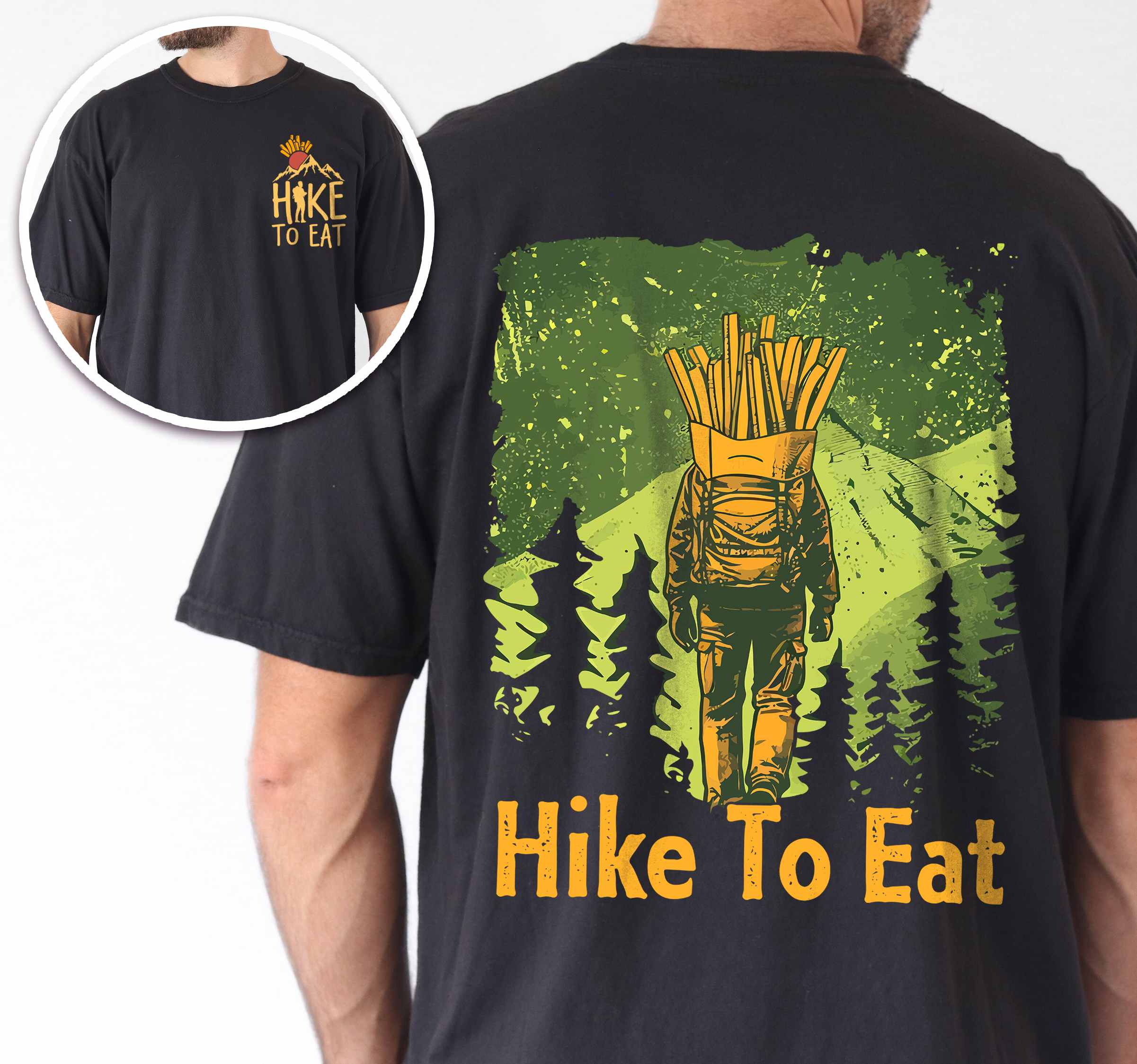 Man wearing black "Hike to Eat" text in bold lettering front and back design, mountains, birds, illustrated french fries, and backpacker for fries lovers.
