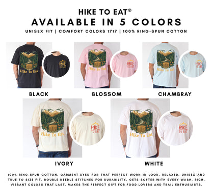 Hike to Eat "Noodle Rapids" t-shirt color options chart showing 5 available colors: black, blossom, chambray, ivory, and white with front and back design views featuring mountain stream transforming into ramen noodles.