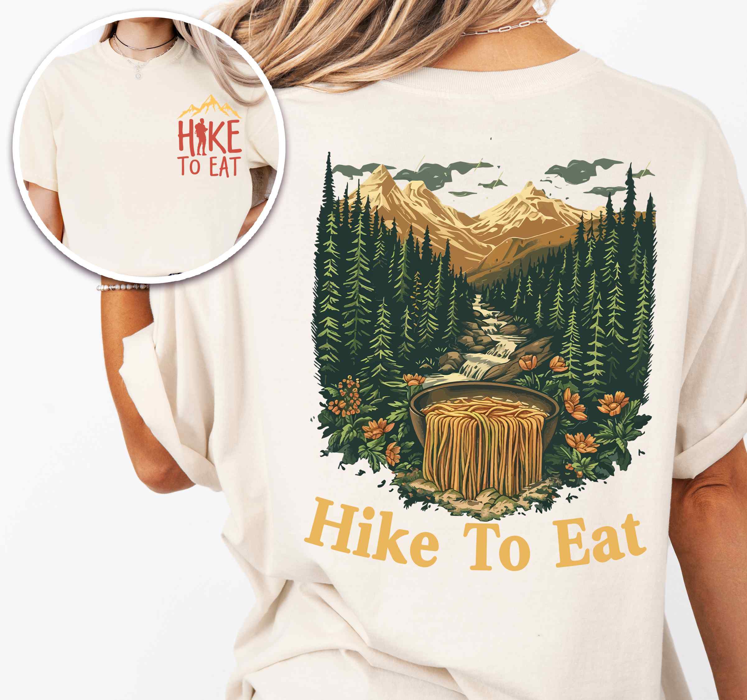 Woman wearing ivory "Hike to Eat" text in cream lettering front and back design, mountains, birds, illustrated bowl of ramen noodles, and backpacker for ramen lovers.