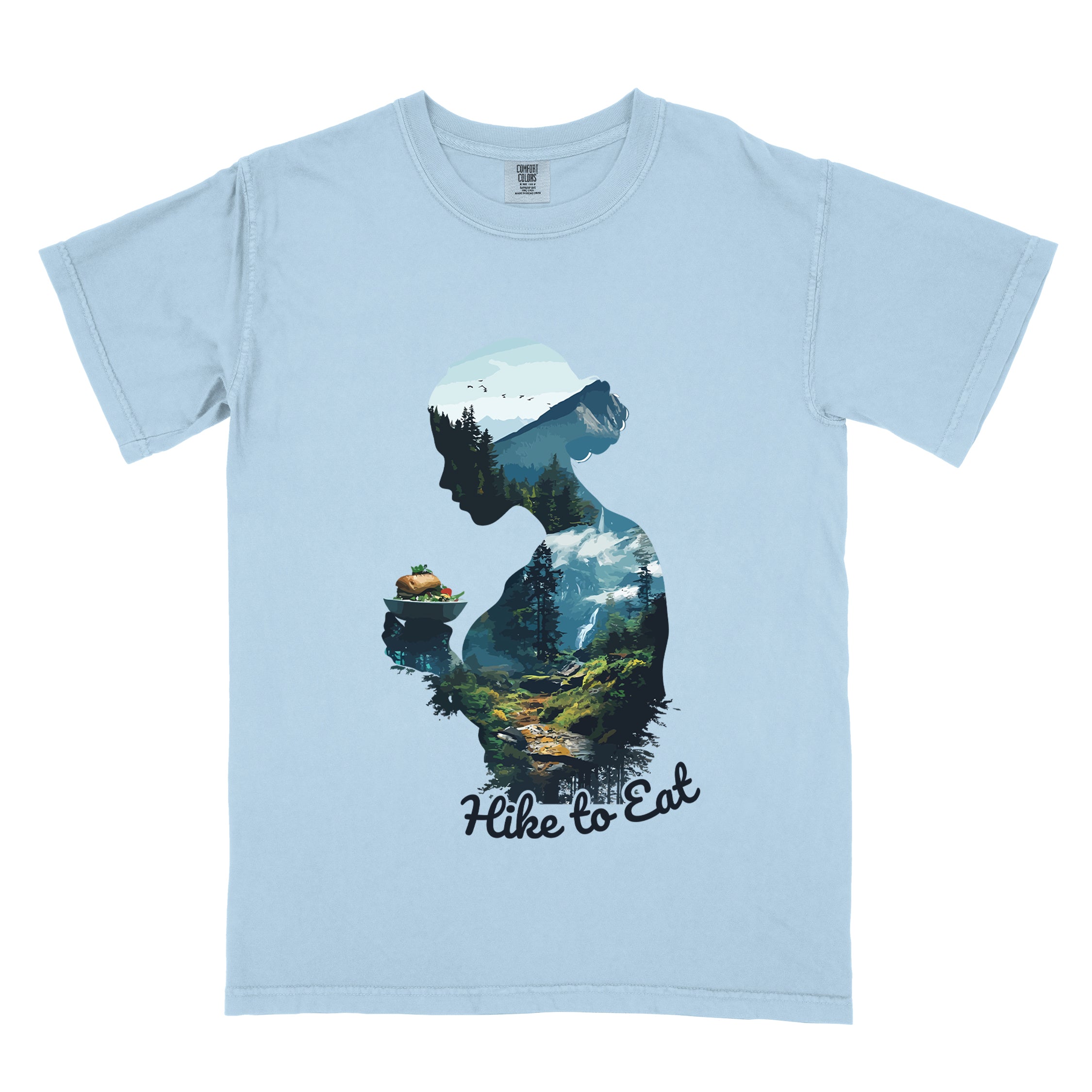 Wilderness Within Hike to Eat t-shirt featuring double exposure design of hiker silhouette holding plate with hamburger/sandwich  merged with mountain forest landscape on blue Comfort Colors shirt