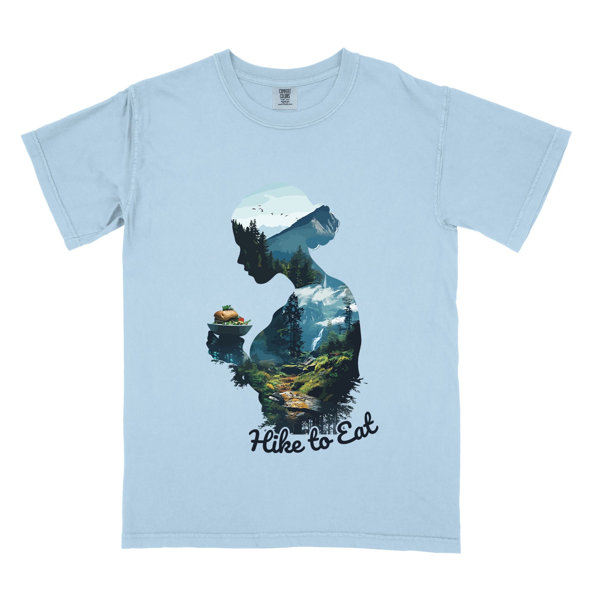Chambray "Hike to Eat" colored vintage statement tee with text in cream lettering, mountains, birds, silhouette, illustrated sandwich, and backpacker for sandwich lovers.