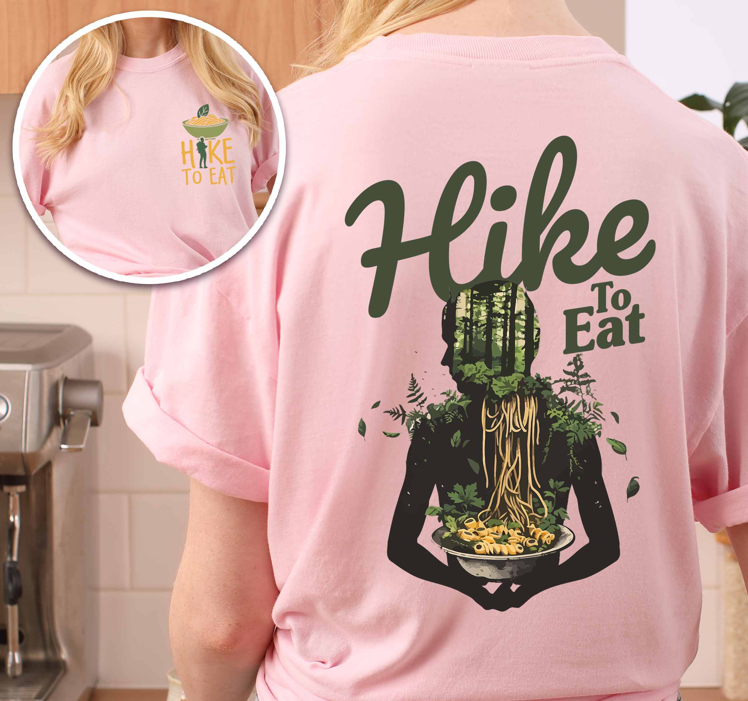 Woman wearing blossom "Hike to Eat" text in bold lettering front and back design, mountains, birds, illustrated bowl of ramen noodles, and backpacker for ramen lovers.