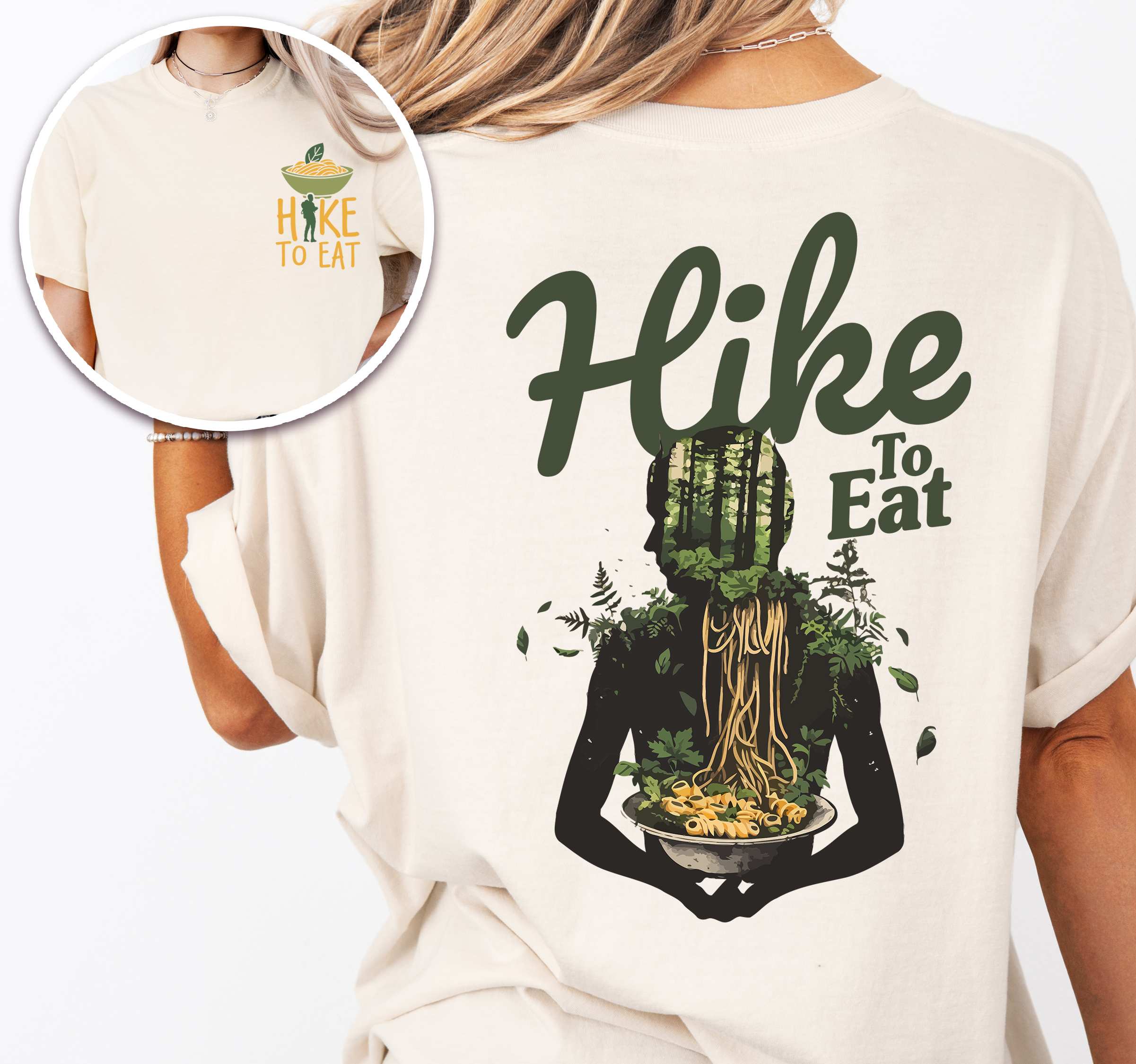 Woman wearing ivory "Hike to Eat" text in bold lettering front and back design, mountains, birds, illustrated bowl of ramen noodles, and backpacker for ramen lovers.