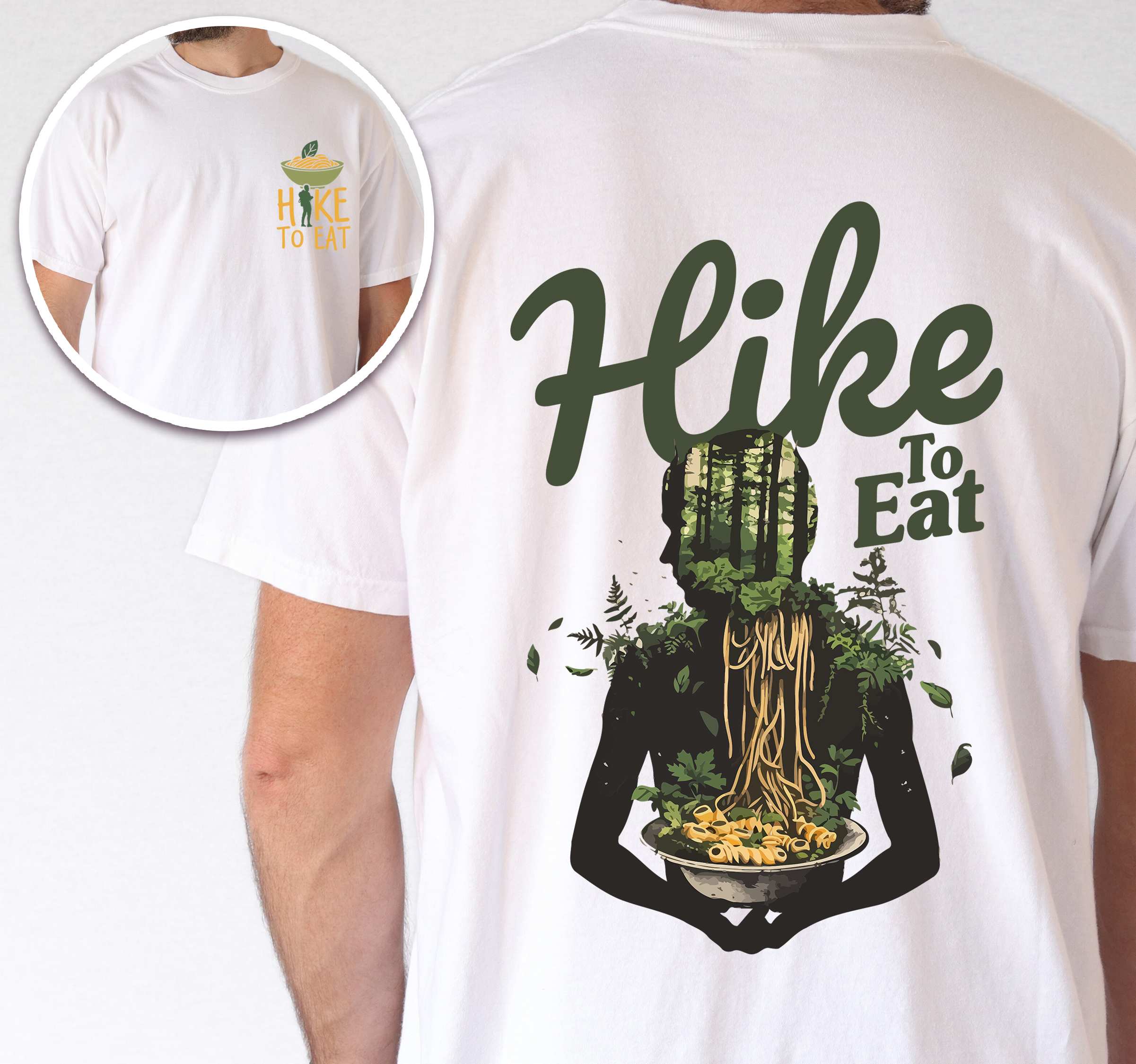 Man wearing white "Hike to Eat" text in bold lettering front and back design, mountains, birds, illustrated bowl of ramen noodles, and backpacker for ramen lovers.
