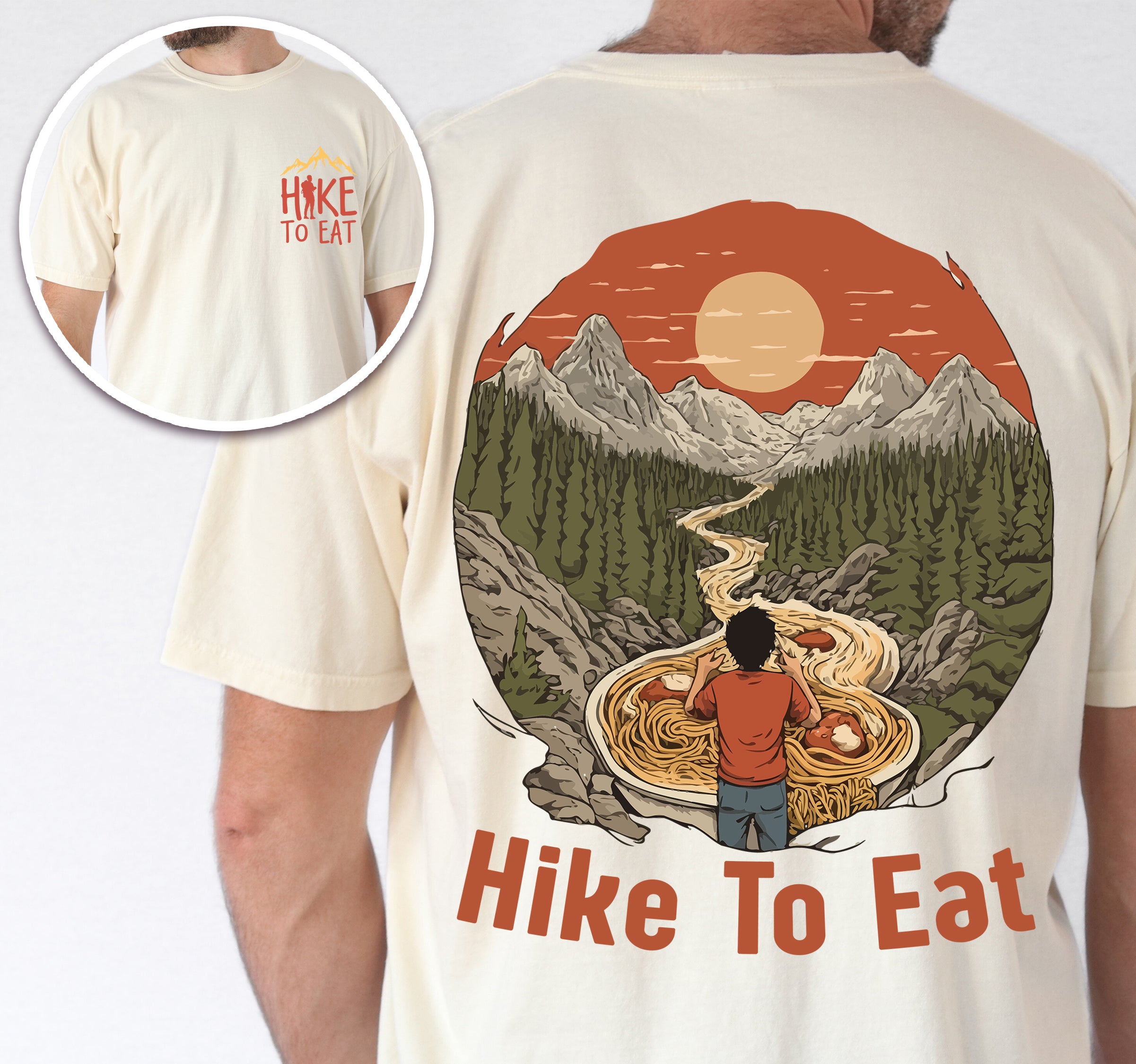 Ivory (Cream White) Hike to Eat t-shirt front and back view showing small colorful chest detail and large back design featuring hiker standing by steaming bowl of noodles in circular mountain landscape with orange sunset and winding trail.