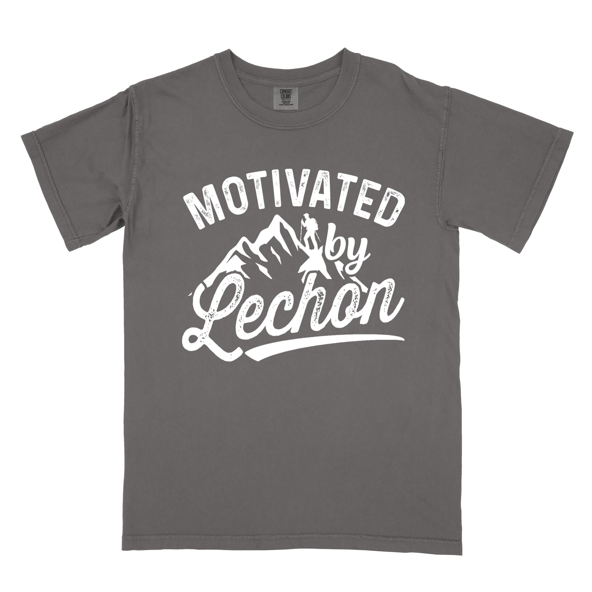 Pepper colored graphic t-shirt with 'Motivated by Lechon' text in white lettering featuring mountain silhouettes and hiker illustration