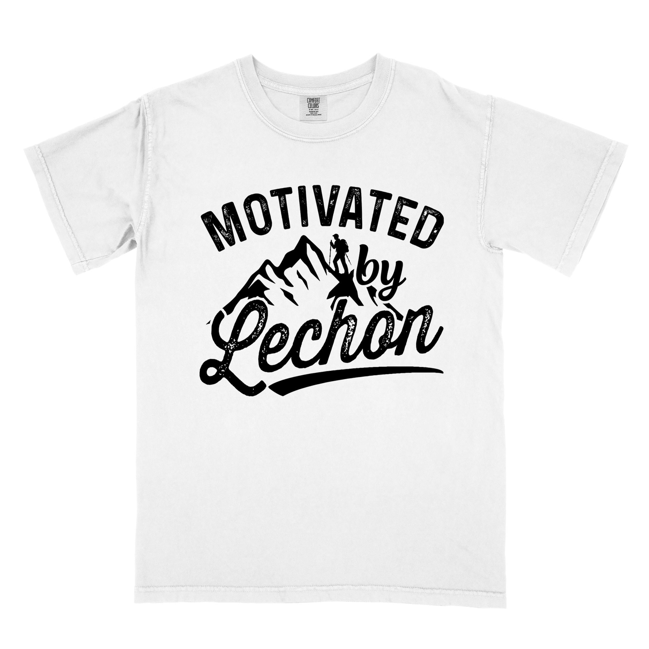 White colored graphic t-shirt with 'Motivated by Lechon' text in white lettering featuring mountain silhouettes and hiker illustration