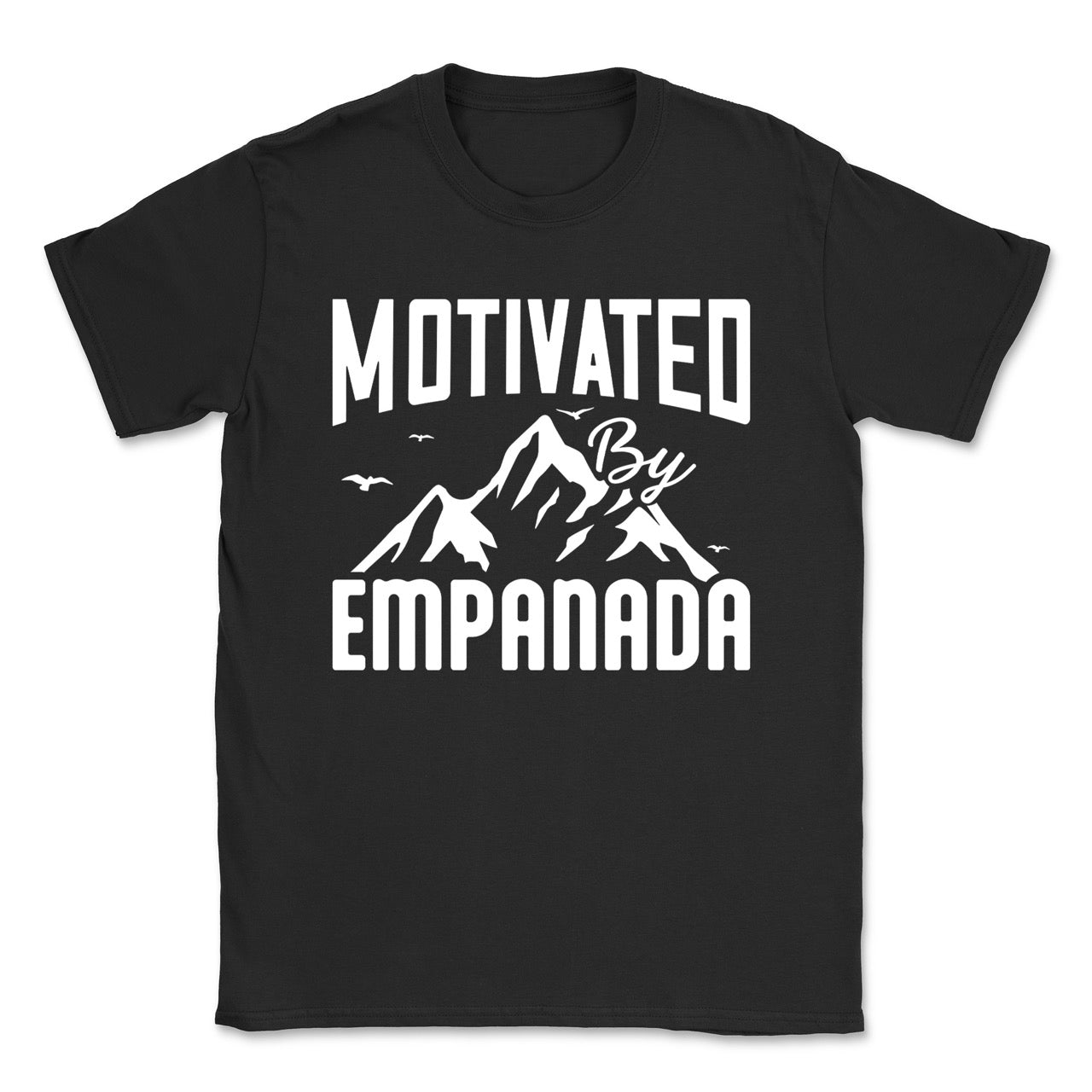 Black t-shirt with 'Motivated by Empanada' text and mountain graphic on a white background