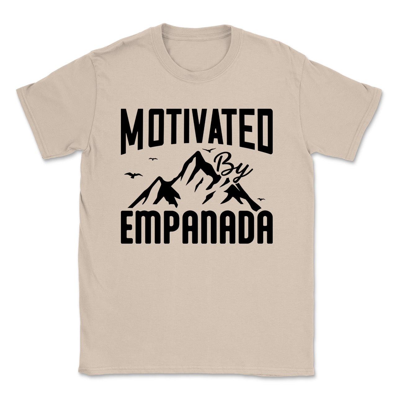 Beige t-shirt with 'Motivated by Empanada' text and mountain graphic on a white background