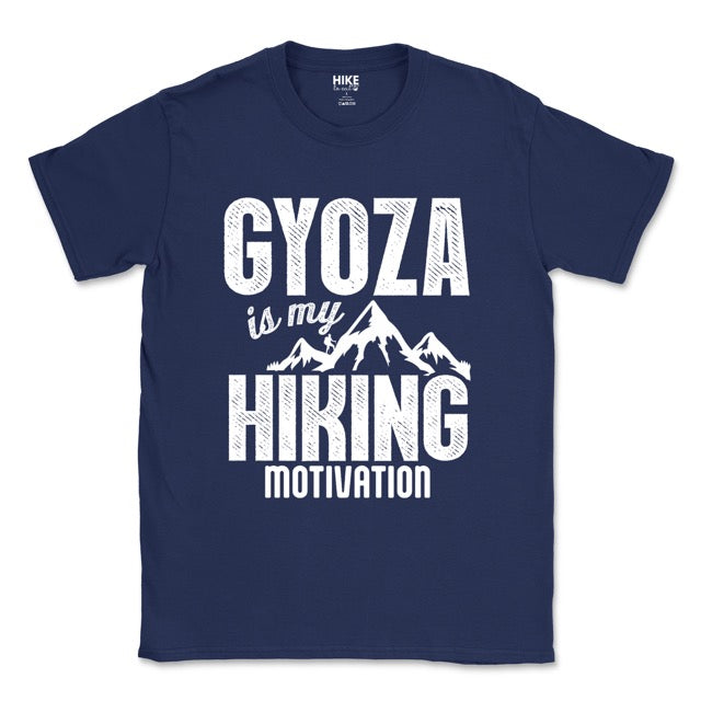 Navy blue t shirt  with Gyoza is my Hiking Motivation statement t-shirt with bold distressed typography, mountain peaks, and hiker silhouette for gyoza lovers and outdoor enthusiasts on Gildan 64000 Softstyle 100% cotton