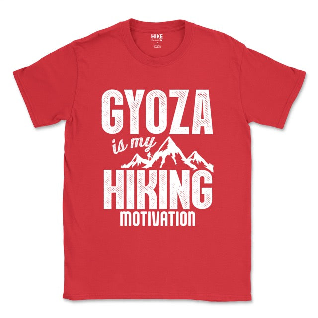 Red t shirt with Gyoza is my Hiking Motivation statement t-shirt with bold distressed typography, mountain peaks, and hiker silhouette for gyoza lovers and outdoor enthusiasts on Gildan 64000 Softstyle 100% cotton