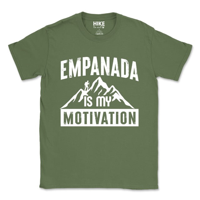 Military Green (green) Empanada is my Motivation statement t-shirt with bold distressed typography, mountain peaks, and hiker silhouette for empanada lovers and outdoor enthusiasts on Softstyle 100% cotton