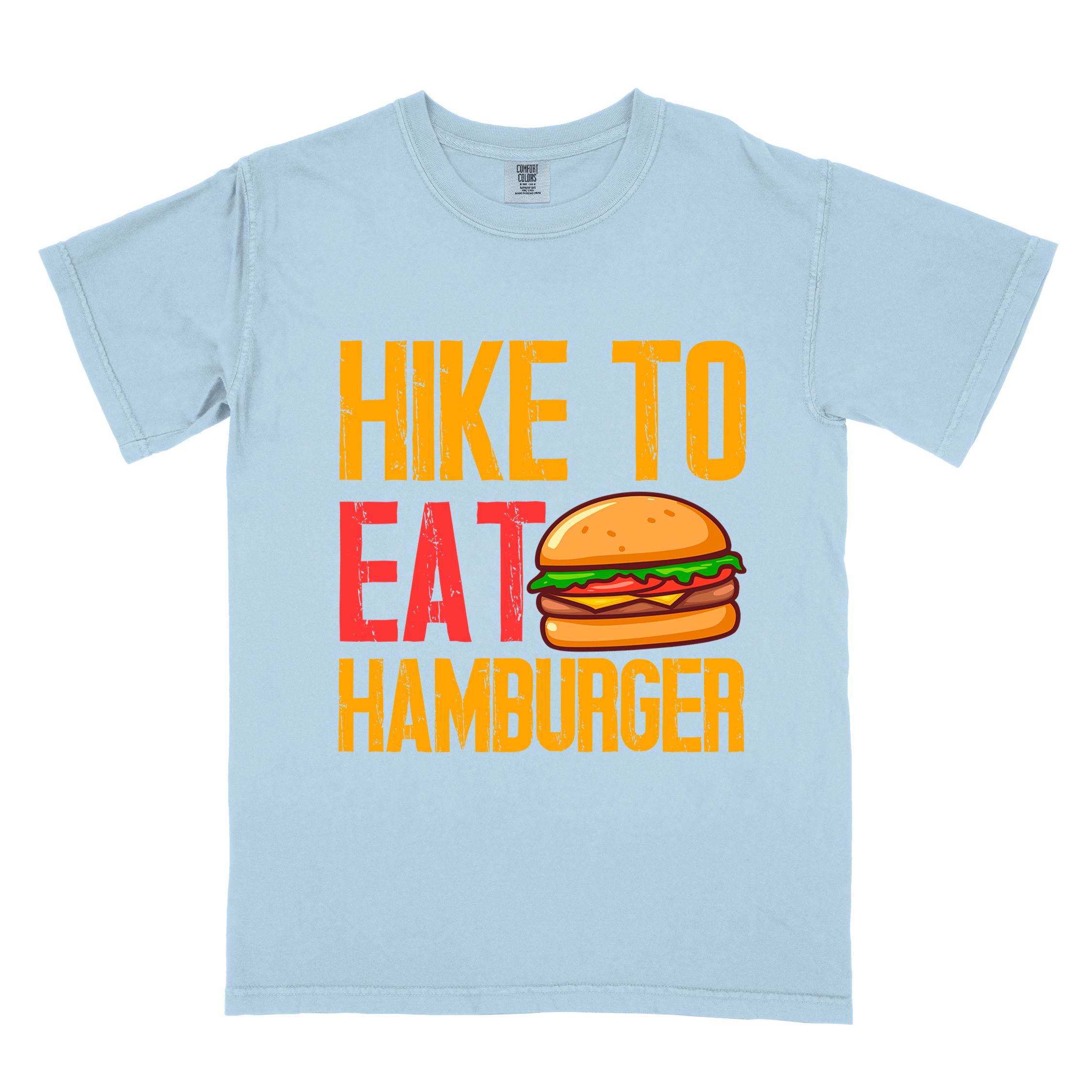 chambray "Hike to eat Hamburger" colored vintage tee with bold typography, juicy cheese hamburger illustration, perfect for the hamburger enthusiasts.
