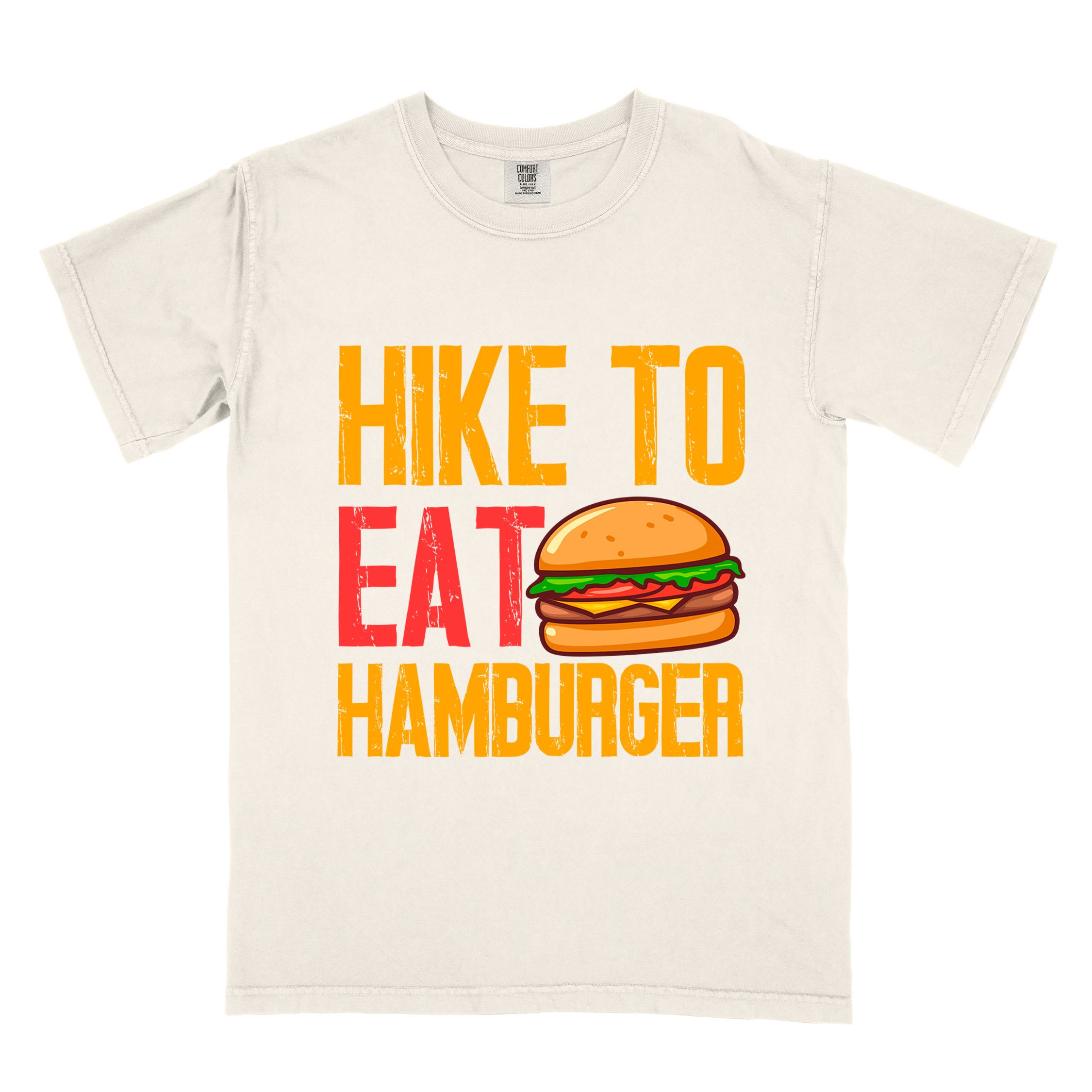 Ivory "Hike to eat Hamburger" colored vintage tee with bold typography, juicy cheese hamburger illustration, perfect for the hamburger enthusiasts.