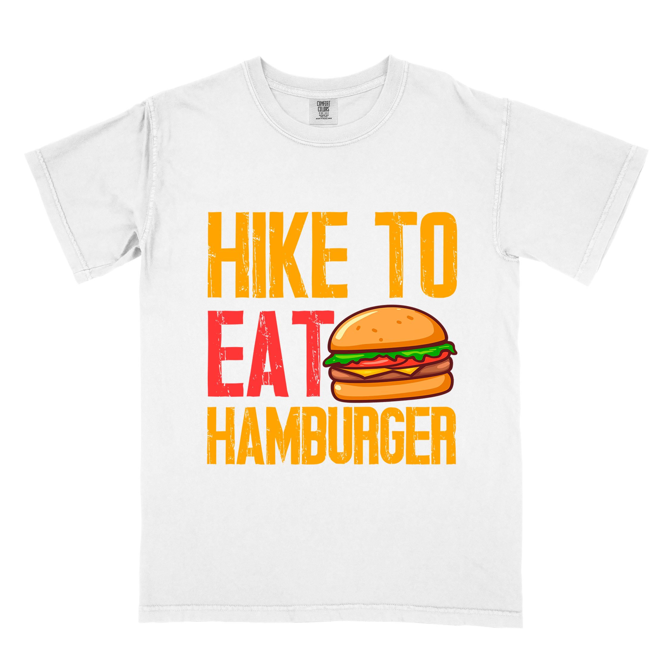 White "Hike to eat Hamburger" colored vintage tee with bold typography, juicy cheese hamburger illustration, perfect for the hamburger enthusiasts.