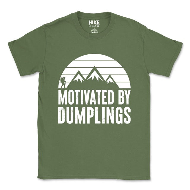 military green  Motivated by Dumplings retro statement tee with sunset design, mountain peaks, and hiker silhouette for dumpling lovers
