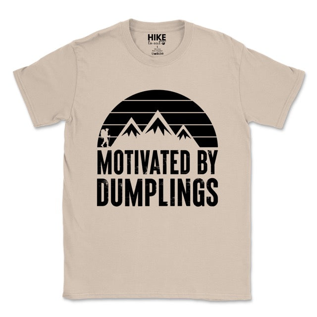 sand (beige) Motivated by Dumplings retro statement tee with sunset design, mountain peaks, and hiker silhouette for dumpling lovers