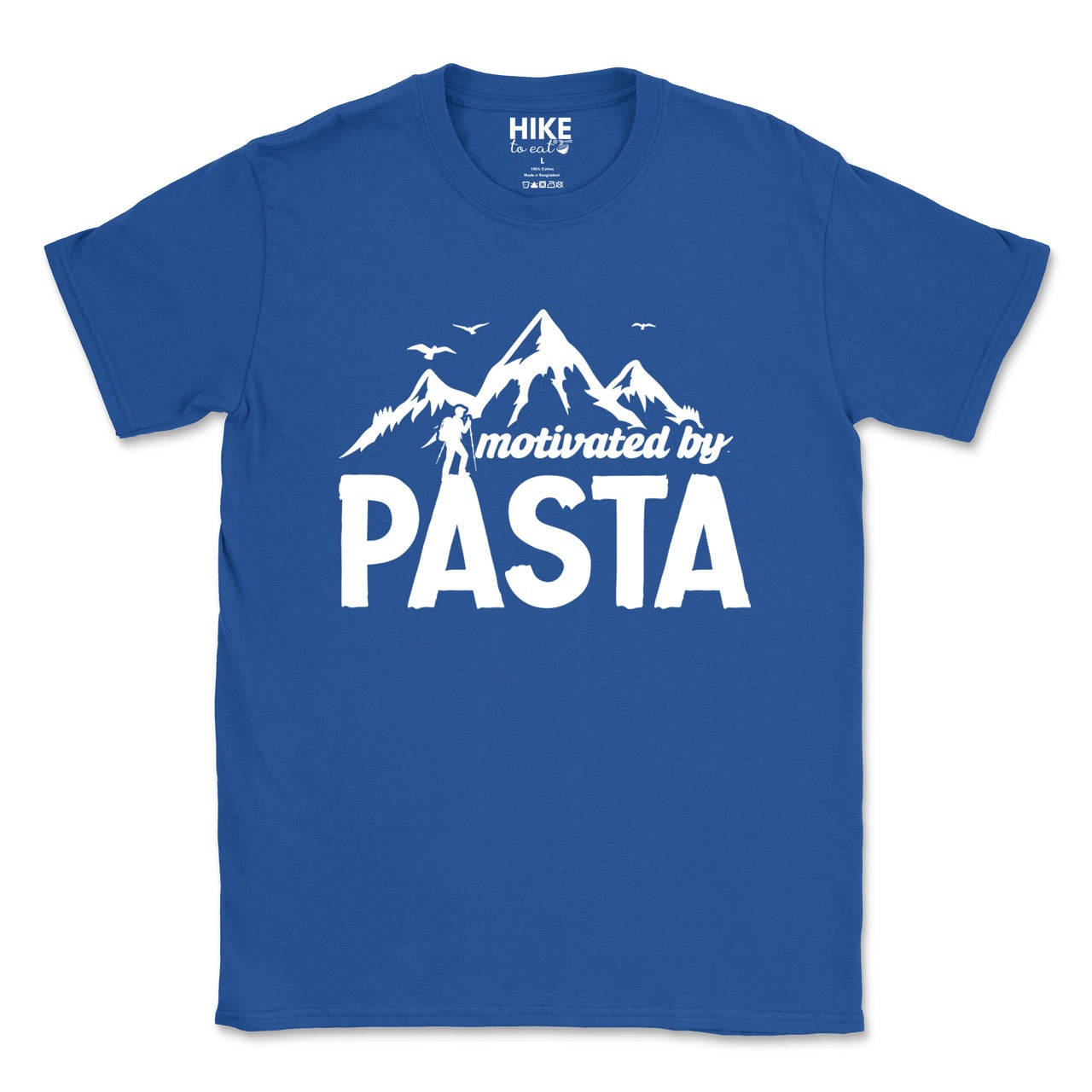 royal (blue) motivated by Pasta statement tee with mountains, birds, and hiker silhouette for pasta enthusiasts and hikers