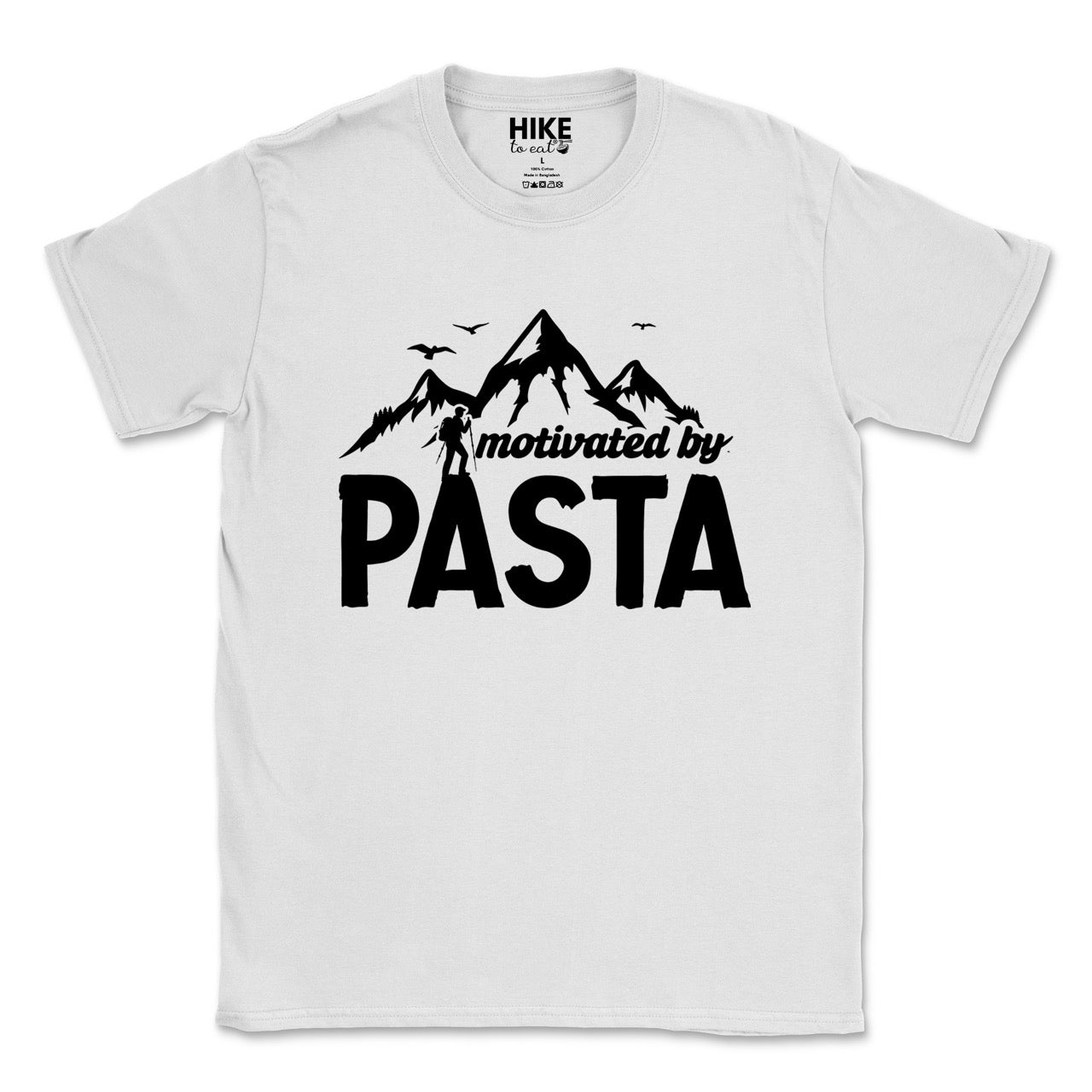 white motivated by Pasta statement tee with mountains, birds, and hiker silhouette for pasta enthusiasts and hikers