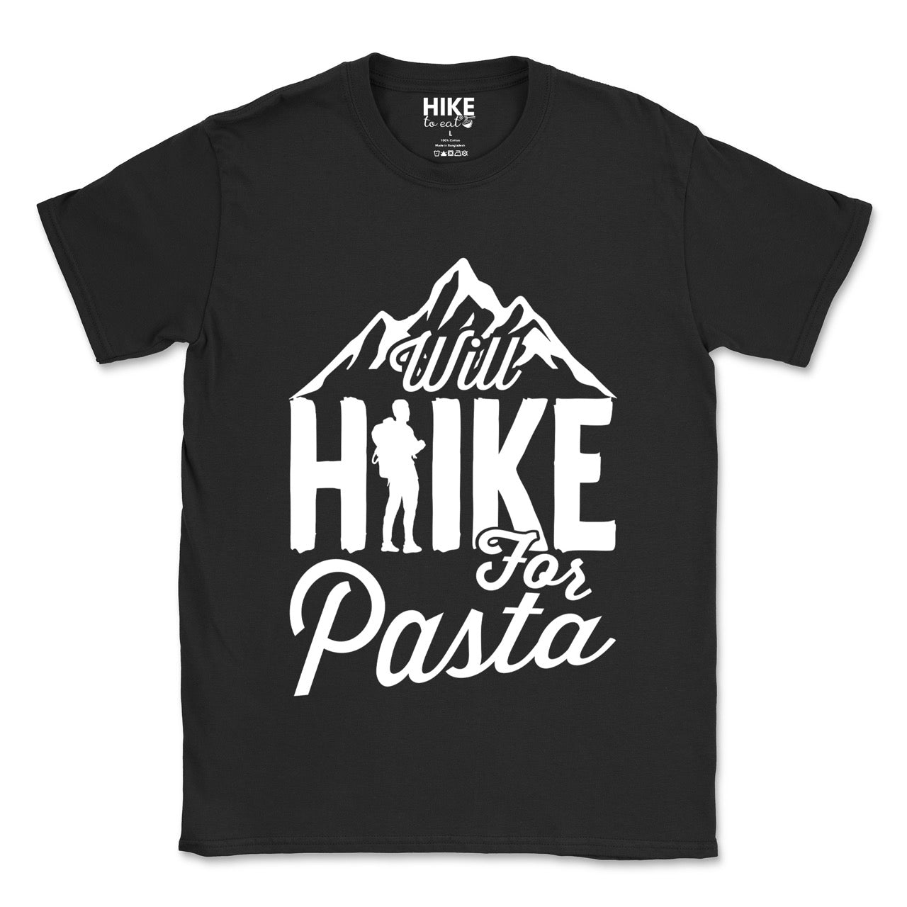 black Will Hike for Pasta statement tee with bold typography, mountain peaks, and backpacker silhouette for pasta devotees and hikers