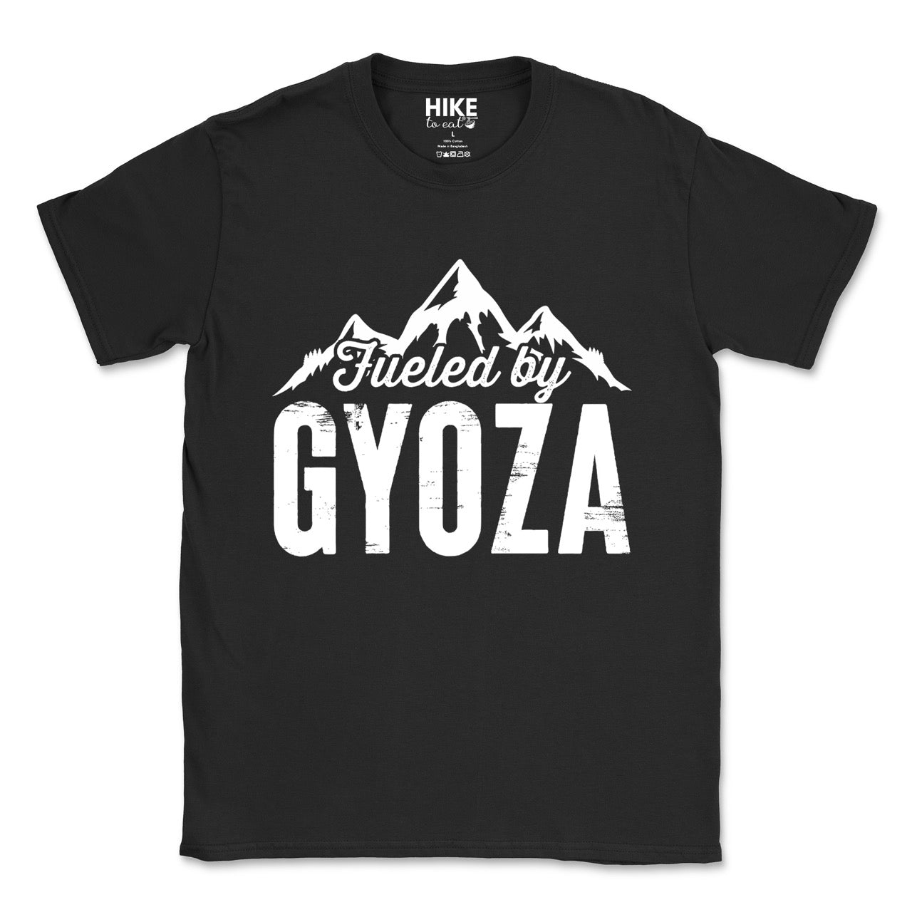 black Fueled by Gyoza statement tee with distressed bold typography and mountain peaks for dumpling enthusiasts and hikers
