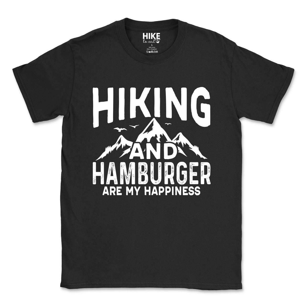 black Hiking and Hamburger are my Happiness statement tee with distressed bold typography, mountain peaks, flying birds, and pine trees for burger-loving outdoor enthusiasts and hikers