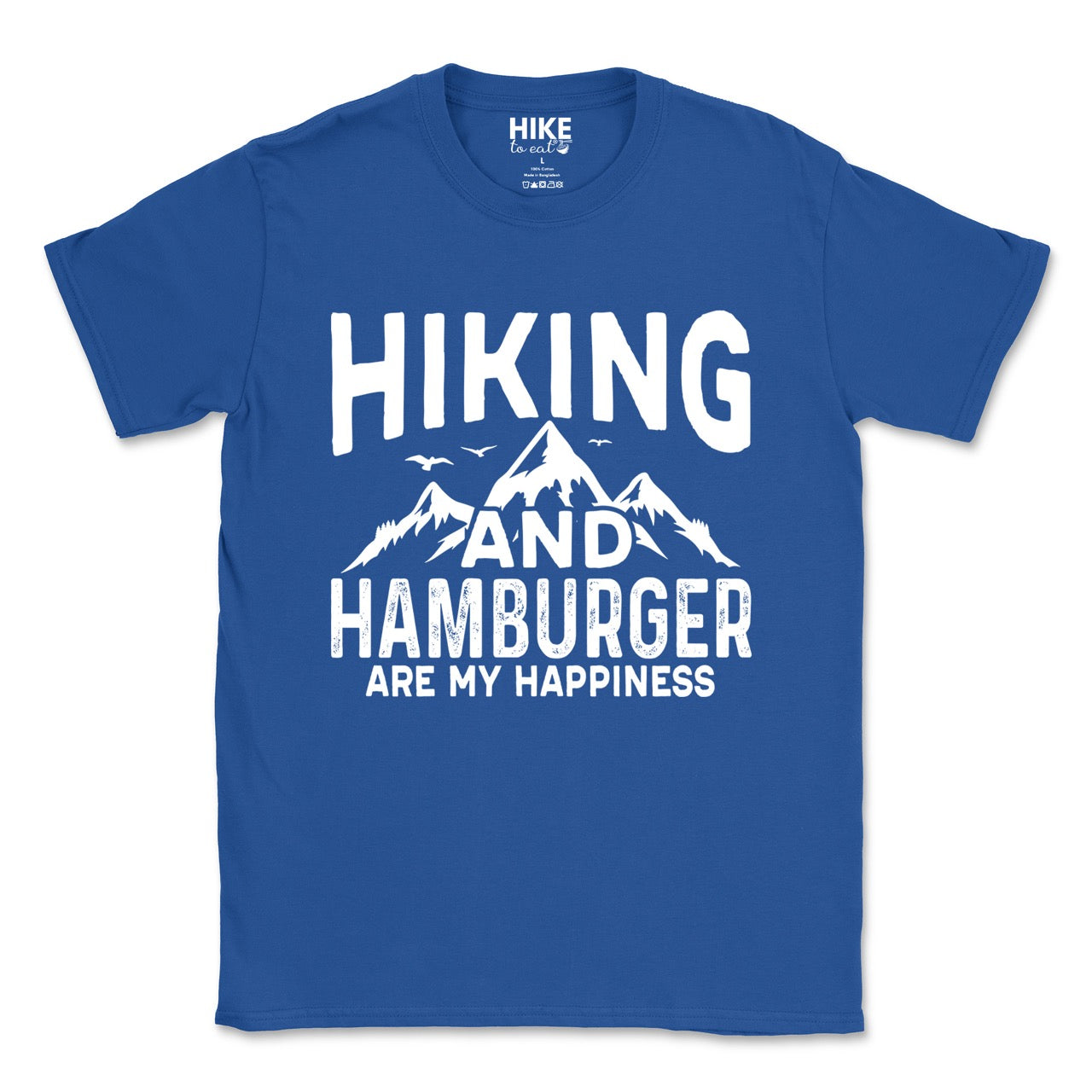 roya (blue) Hiking and Hamburger are my Happiness statement tee with distressed bold typography, mountain peaks, flying birds, and pine trees for burger-loving outdoor enthusiasts and hikers