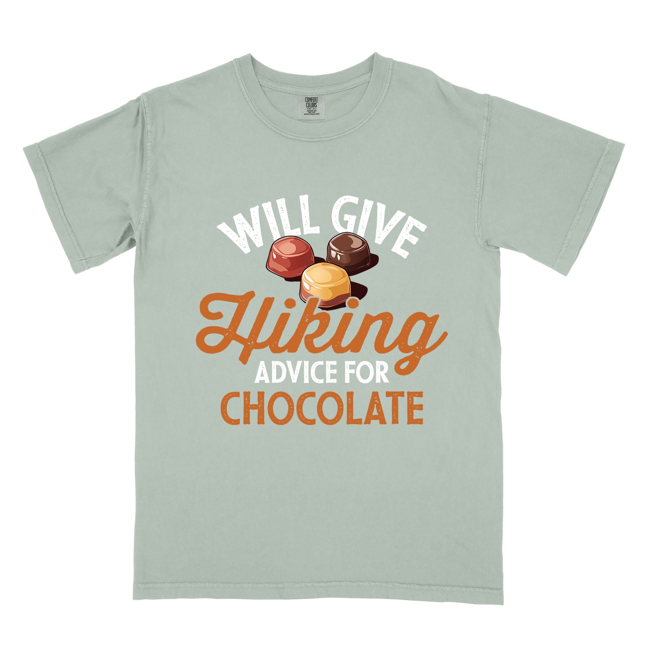 Bay "Will give Hiking advice for Chocolate" colored vintage tee with bold typography, illustrated chocolate bonbons, perfect for the chocolate lovers.