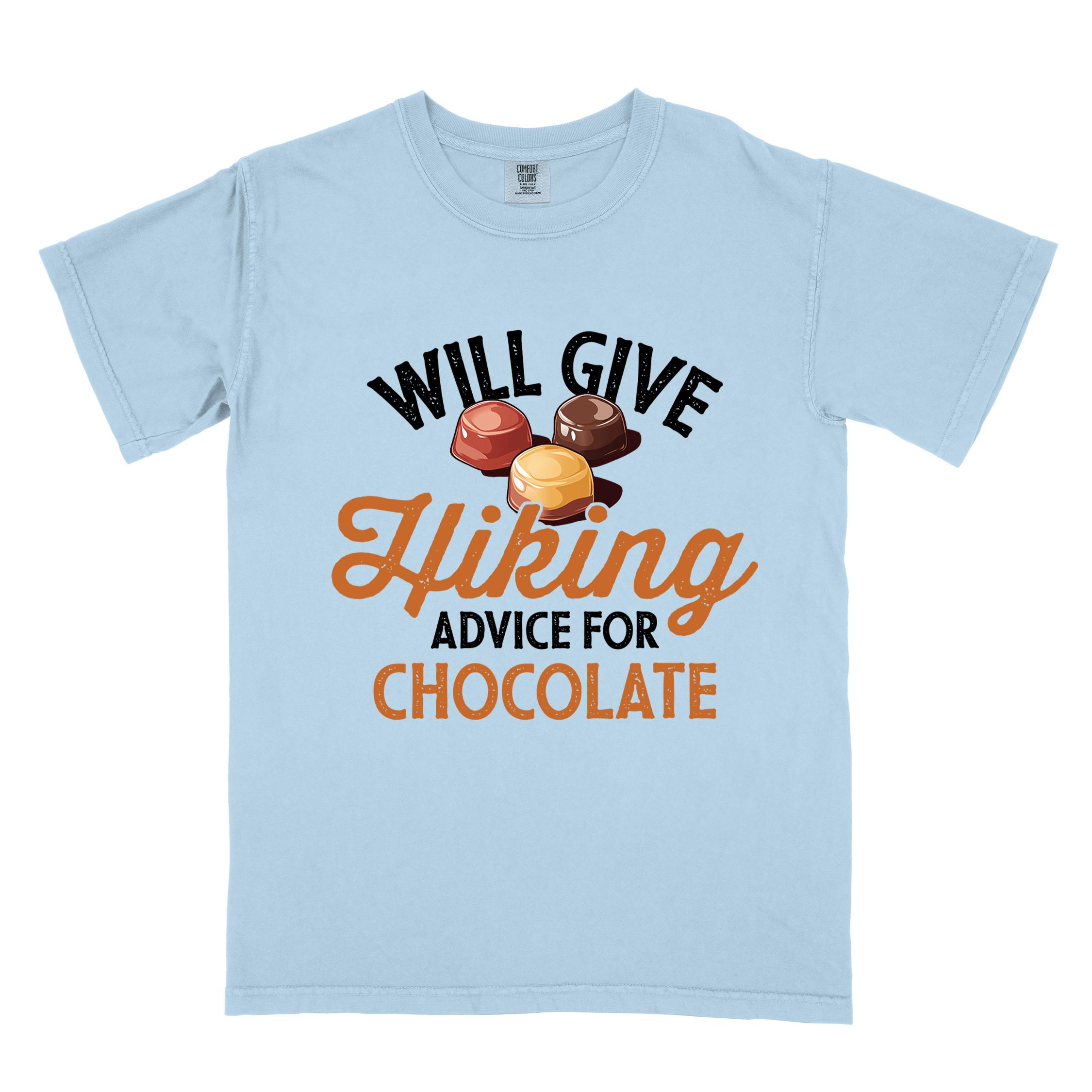 Chambray "Will give Hiking advice for Chocolate" colored vintage tee with bold typography, illustrated chocolate bonbons, perfect for the chocolate lovers.