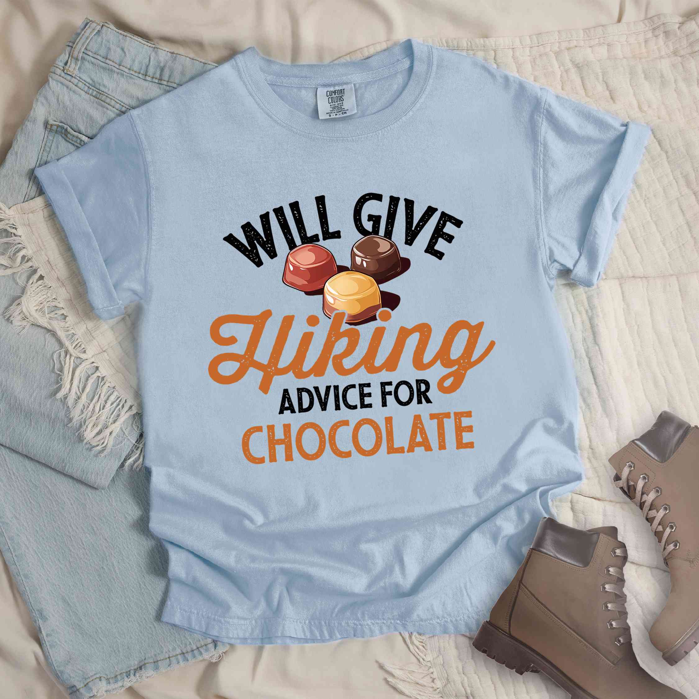 Chambray "Will give Hiking advice for Chocolate" colored vintage tee with bold typography, illustrated chocolate bonbons, perfect for the chocolate lovers.