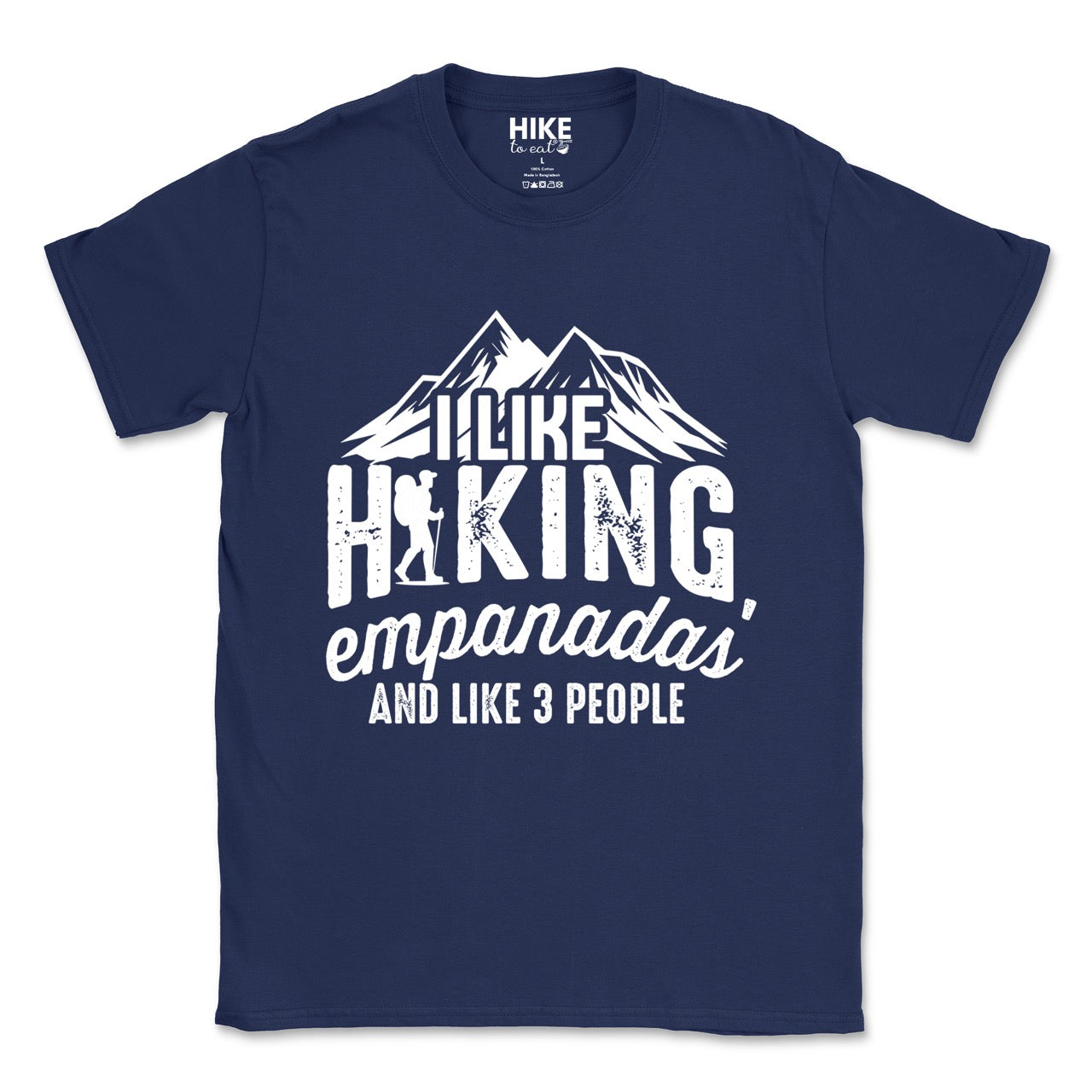 navy I like Hiking, Empanadas and like 3 People funny introvert statement tee with mountain peaks, hiker silhouette, and distressed typography for empanada-loving outdoor enthusiasts and hikers