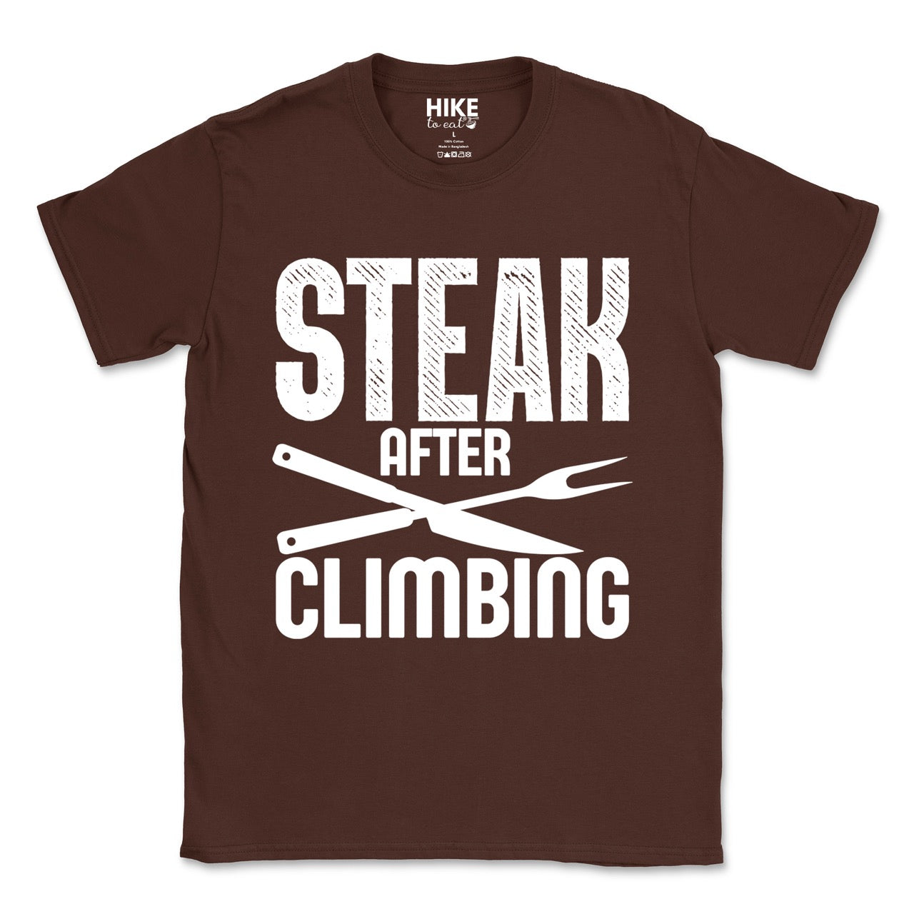 dark chocolate (brown) Steak after Climbing statement tee with distressed bold typography and crossed knife and fork for rock climbing and steak-loving outdoor enthusiasts, hikers and foodies