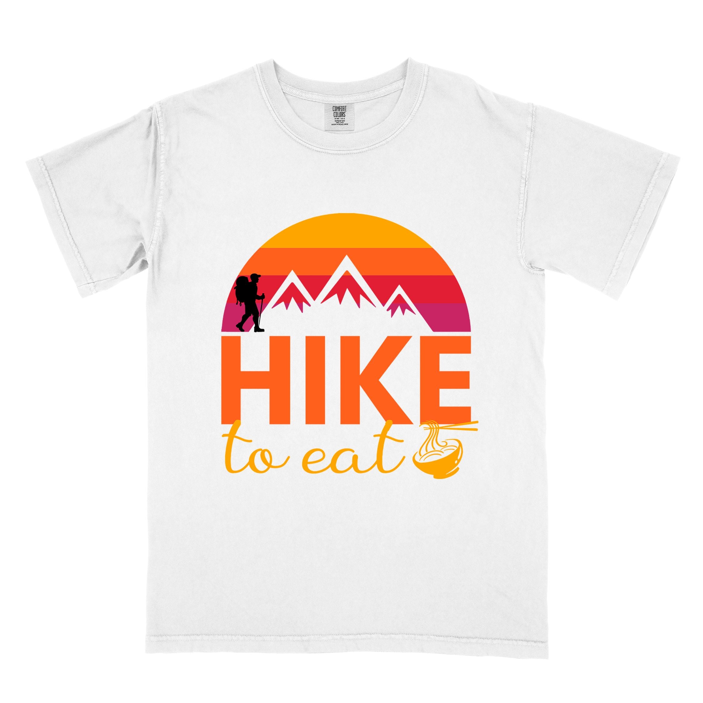 White "Hike to Eat" colored vintage tee with bold typography, mountains, sunrise, and backpacker to savor each step along the trail.