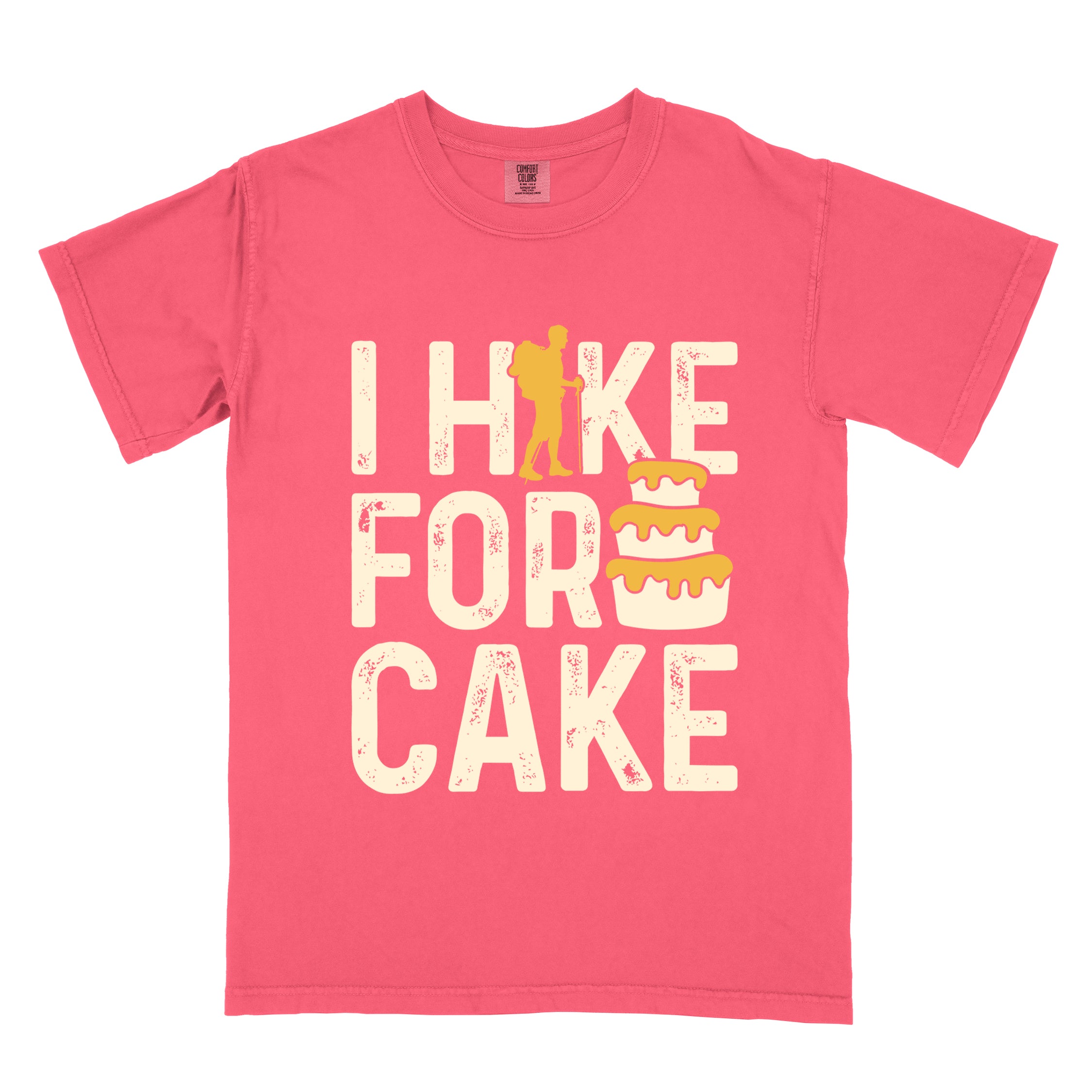 Watermelon (pink) I Hike for Cake vintage statement tee with distressed typography, hiker silhouette, and layered cake illustration on Comfort Colors shirt for dessert-loving outdoor enthusiasts