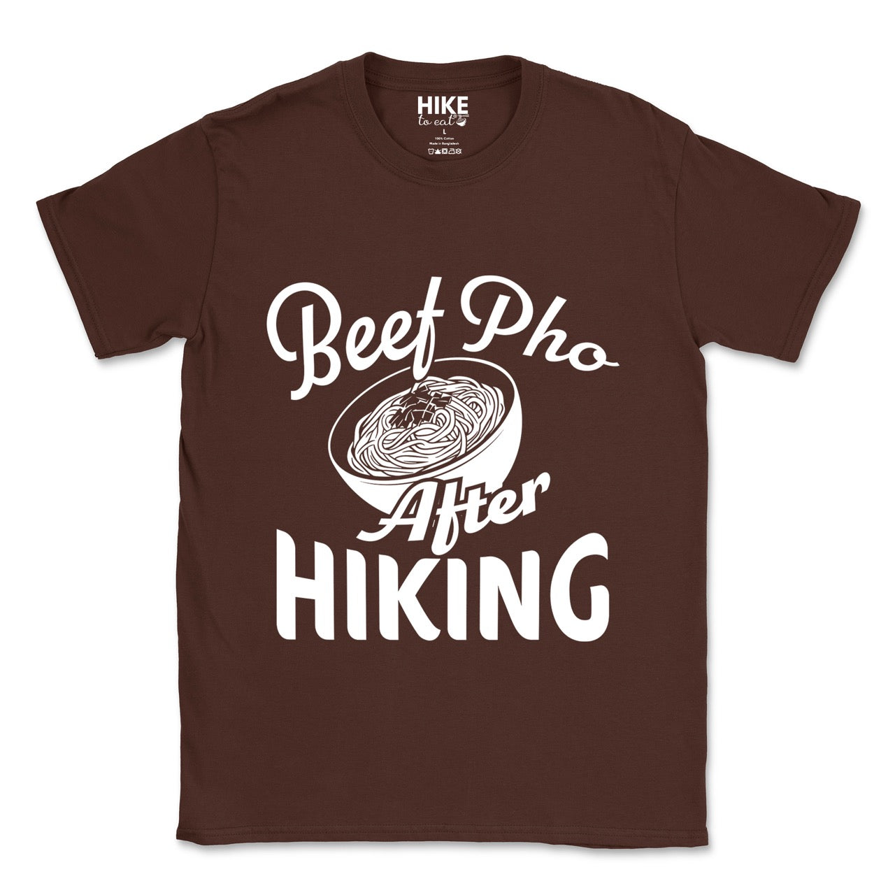 Chocolate Brown Beef Pho After Hiking statement tee with flowing script typography, bold lettering, and detailed pho bowl illustration for Vietnamese food-loving outdoor enthusiasts, hikers and foodies