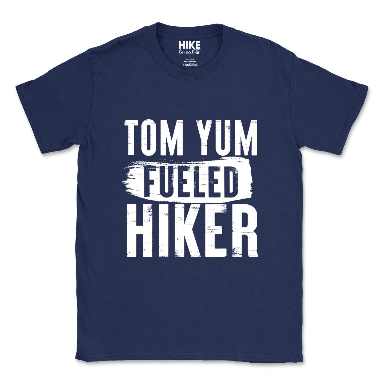 Navy Tom Yum Fueled Hiker statement tee with bold distressed typography and brushstroke design for Thai soup-loving outdoor enthusiasts, hikers and foodies