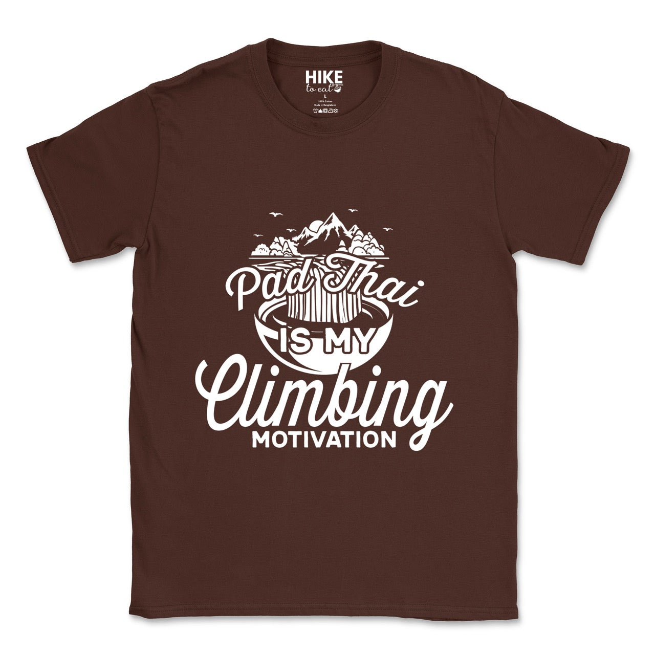 Dark chocolate Pad Thai is my Climbing motivation statement tee with flowing script typography, mountain landscape, noodle bowl illustration, and flying birds for Thai food-loving rock climber, hikers and foodies