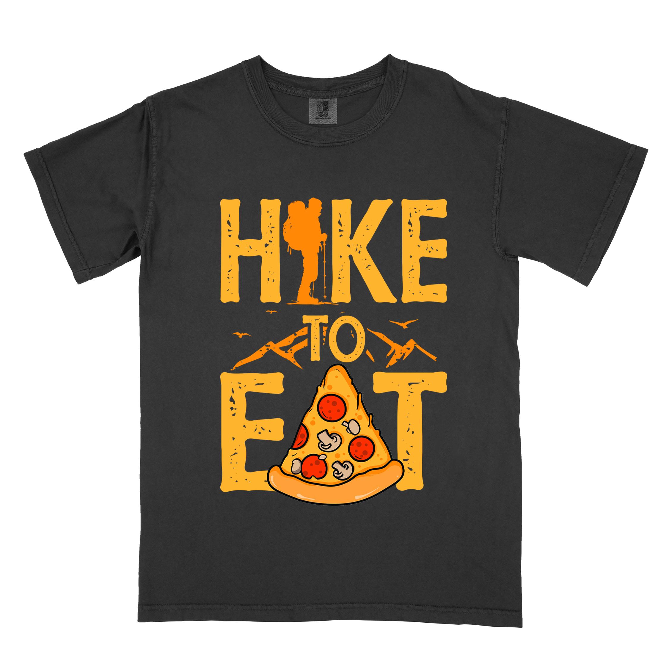Black "Hike to Eat" colored vintage tee with bold typography, birds, mountains, illustrated pizza slice, and backpacker for pizza lovers.