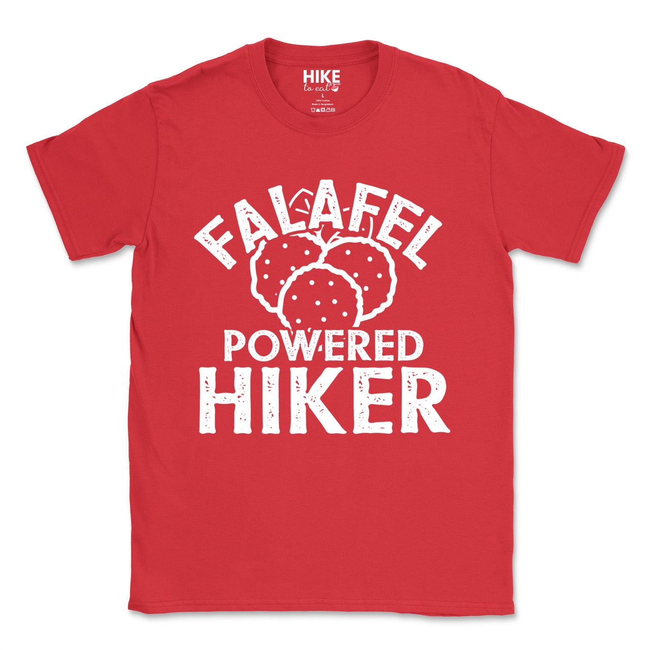 Red Falafel Powered Hiker statement tee with bold distressed curved typography and detailed falafel illustration for Middle Eastern food-loving outdoor enthusiasts, foodies and hikers