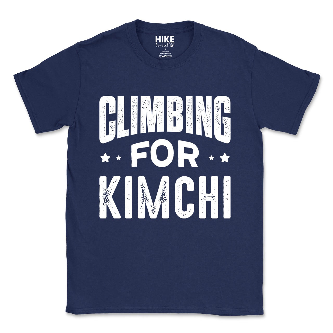 Navy Rock climbing enthusiast gift shirt Climbing For Kimchi with bold curved distressed typography and decorative star accents for Korean food lovers and outdoor athletes who crave fermented vegetables after mountain adventures for climbers, hikers and foodies